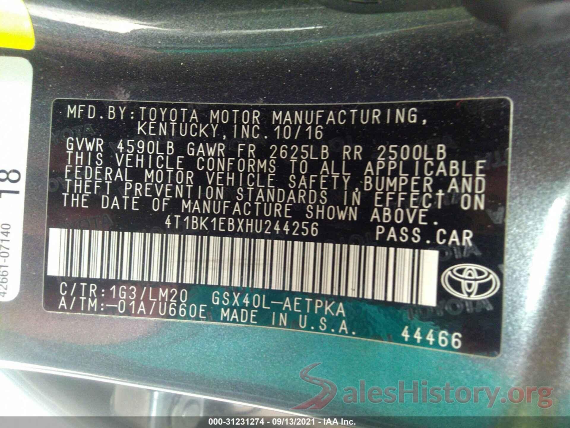 4T1BK1EBXHU244256 2017 TOYOTA AVALON