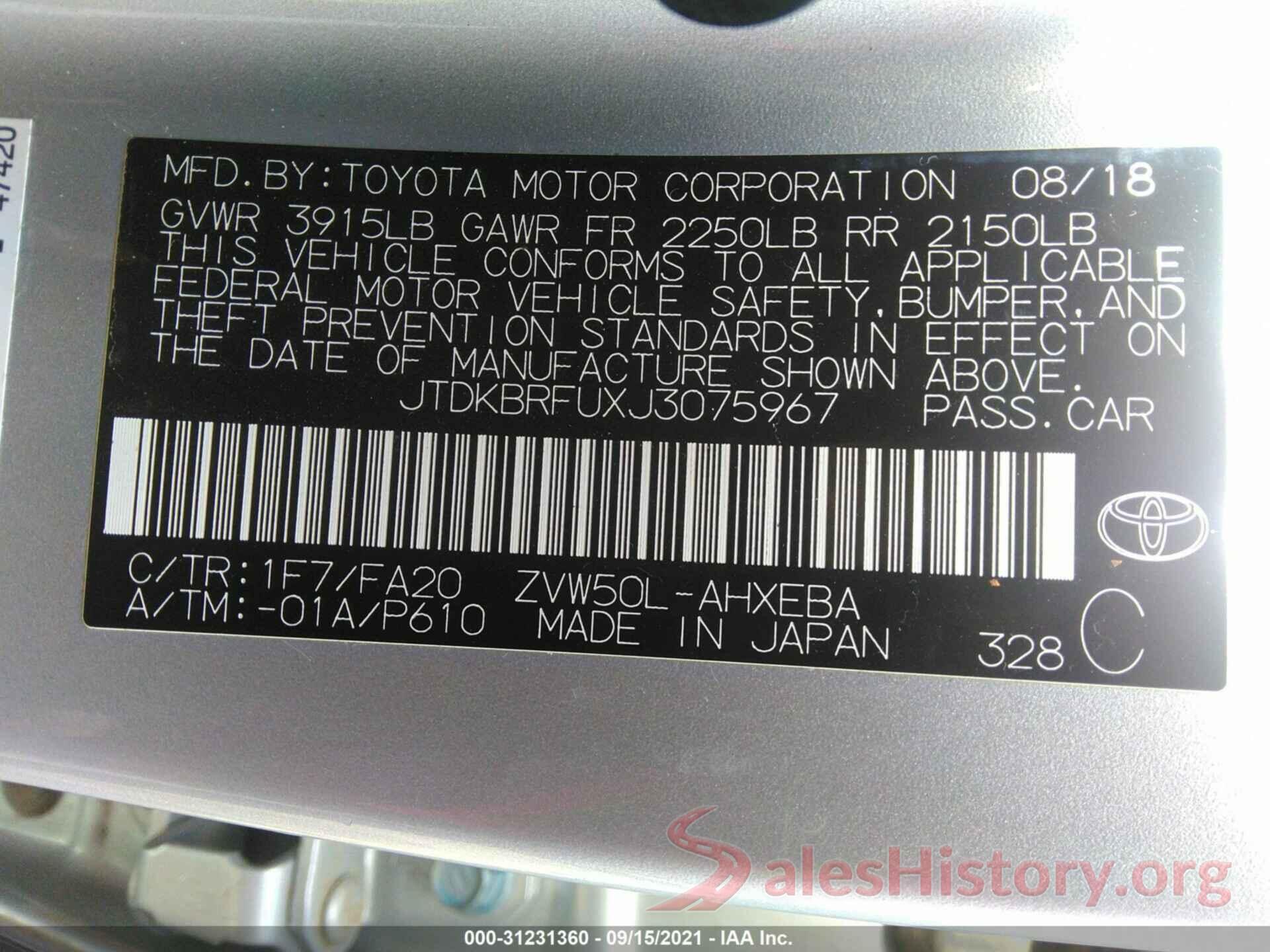 JTDKBRFUXJ3075967 2018 TOYOTA PRIUS