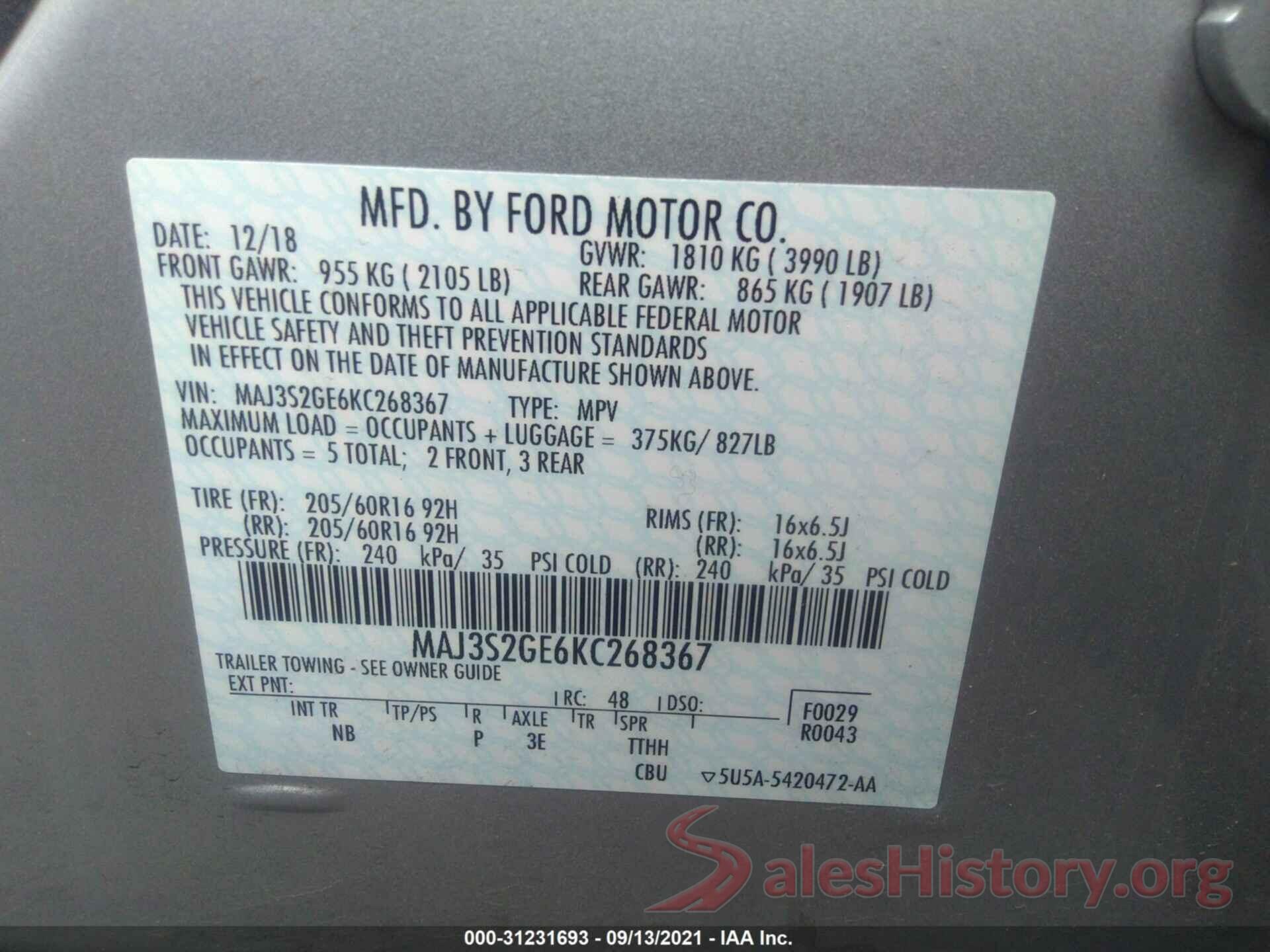 MAJ3S2GE6KC268367 2019 FORD ECOSPORT