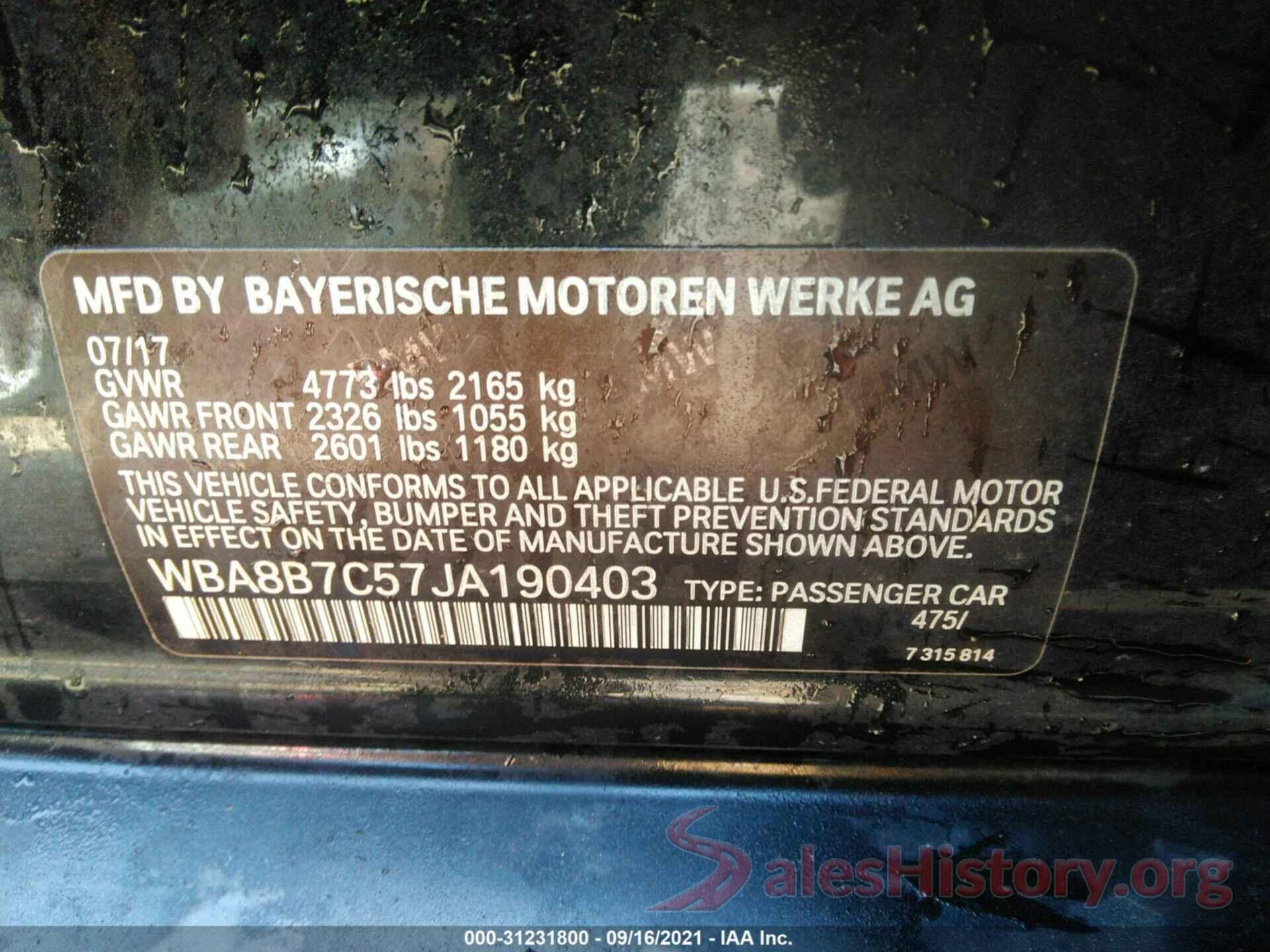 WBA8B7C57JA190403 2018 BMW 3 SERIES