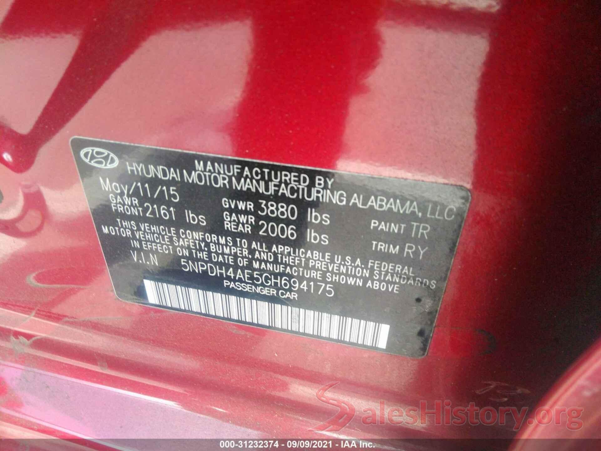 5NPDH4AE5GH694175 2016 HYUNDAI ELANTRA