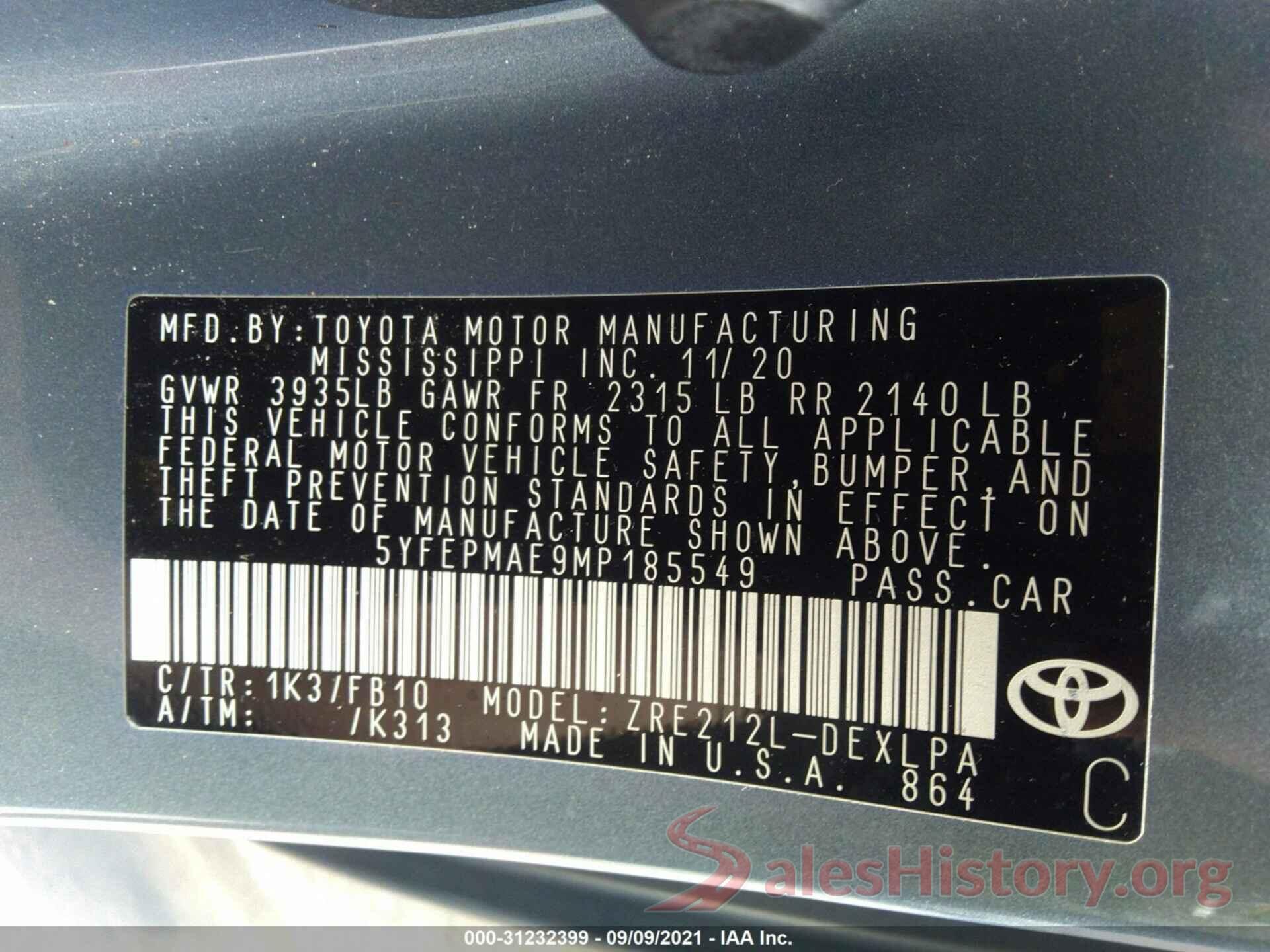 5YFEPMAE9MP185549 2021 TOYOTA COROLLA