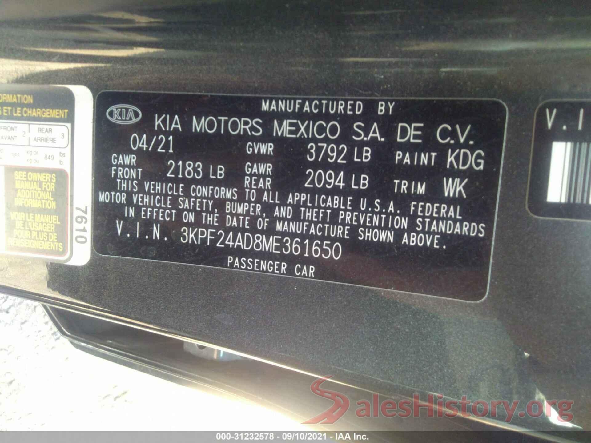 3KPF24AD8ME361650 2021 KIA FORTE