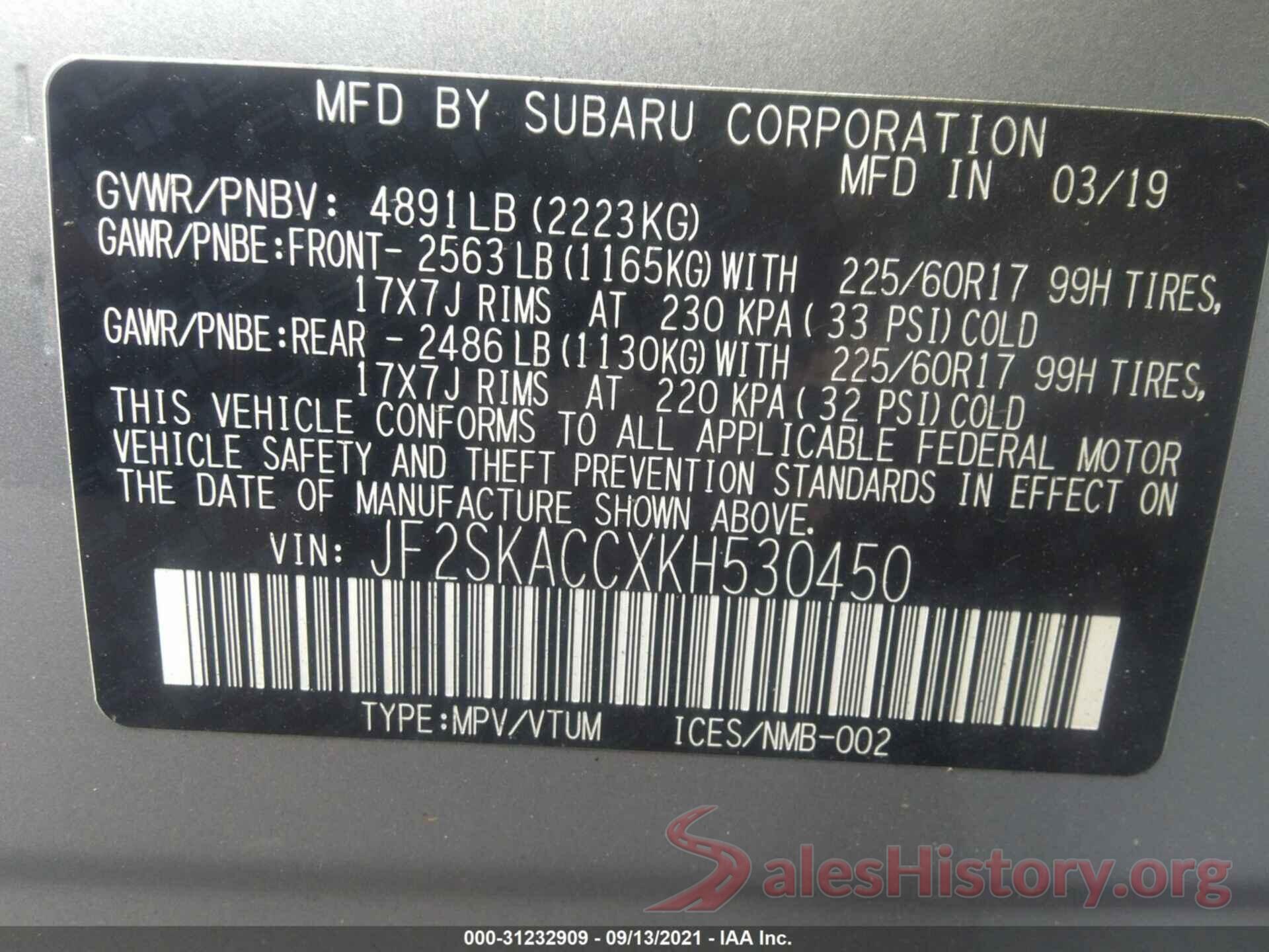 JF2SKACCXKH530450 2019 SUBARU FORESTER