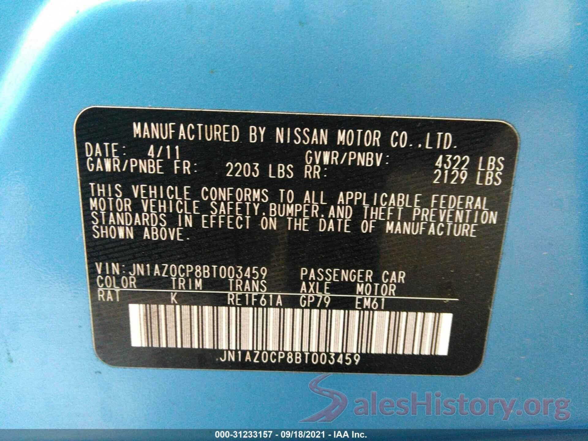 JN1AZ0CP8BT003459 2011 NISSAN LEAF