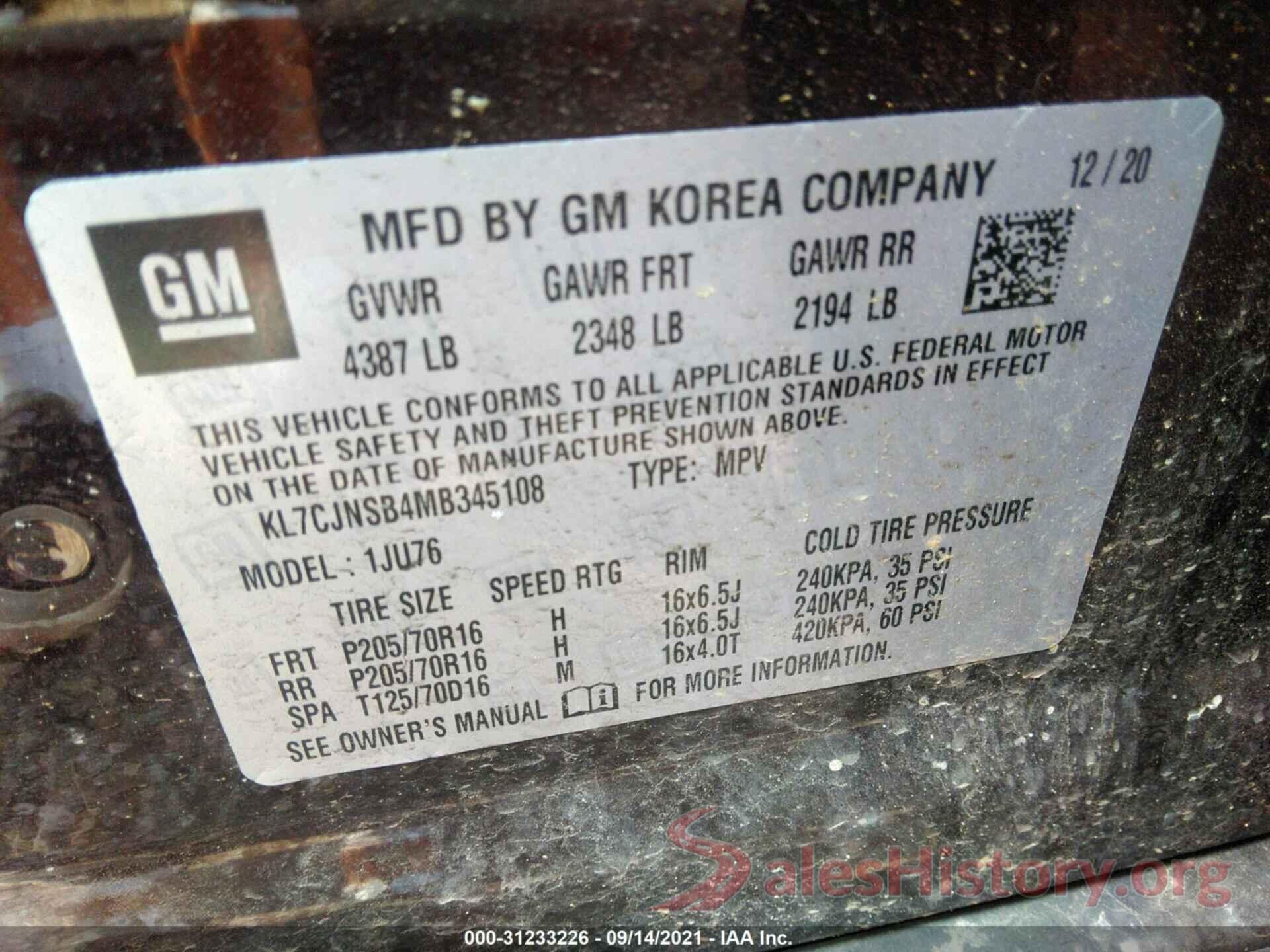 KL7CJNSB4MB345108 2021 CHEVROLET TRAX