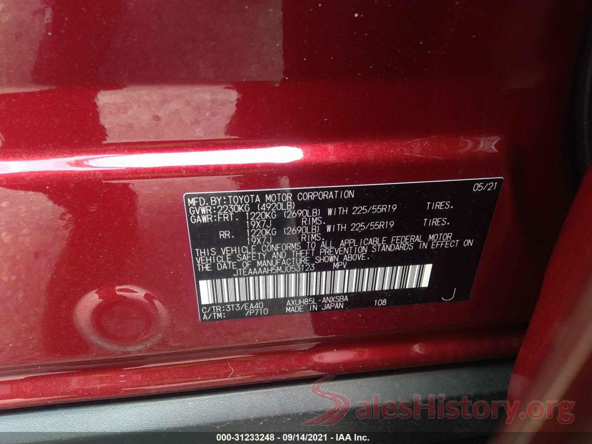 JTEAAAAH5MJ053123 2021 TOYOTA VENZA