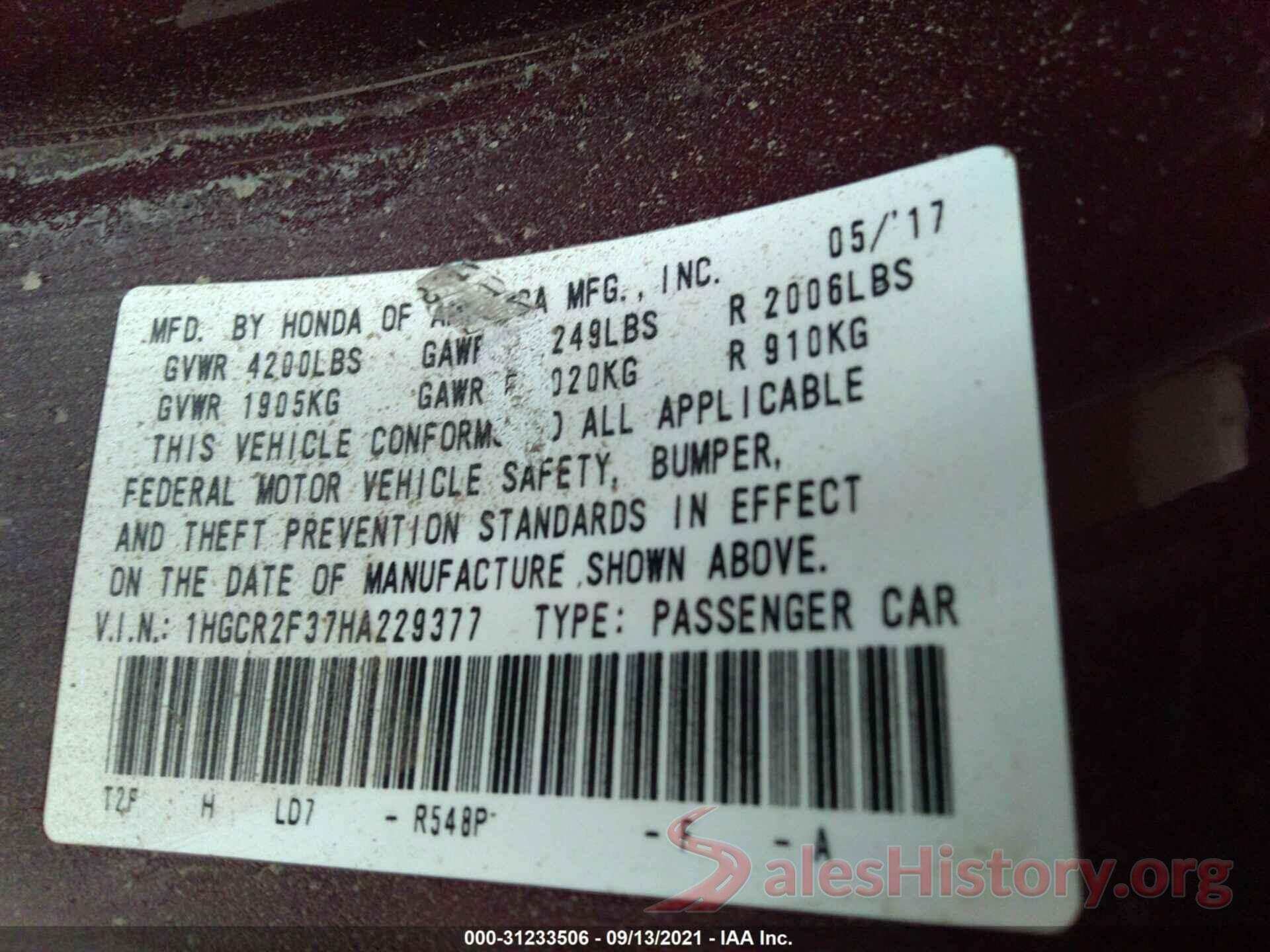 1HGCR2F37HA229377 2017 HONDA ACCORD SEDAN