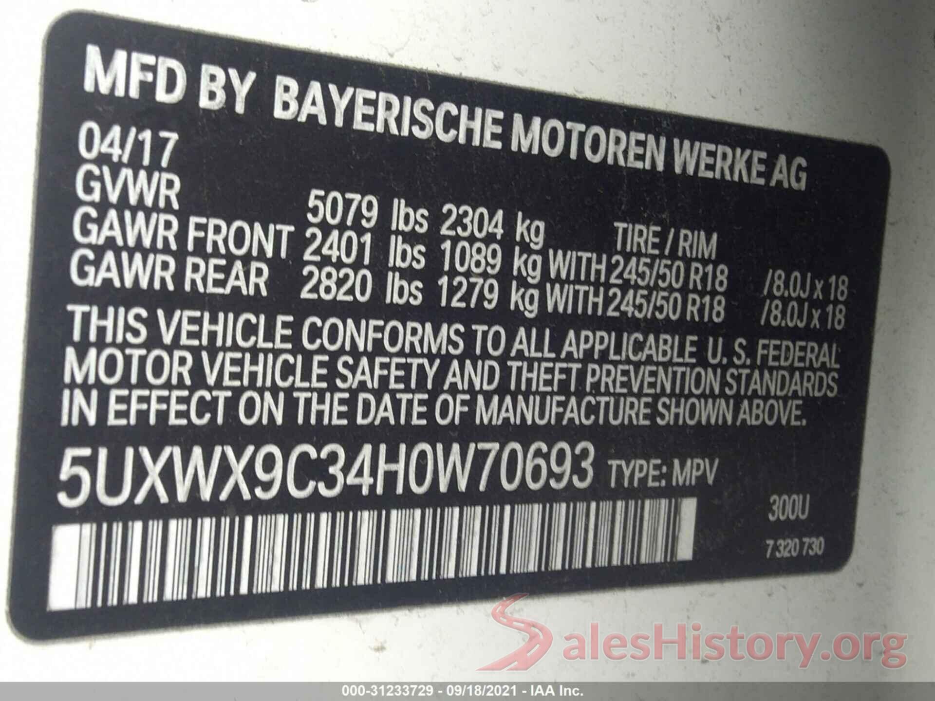 5UXWX9C34H0W70693 2017 BMW X3