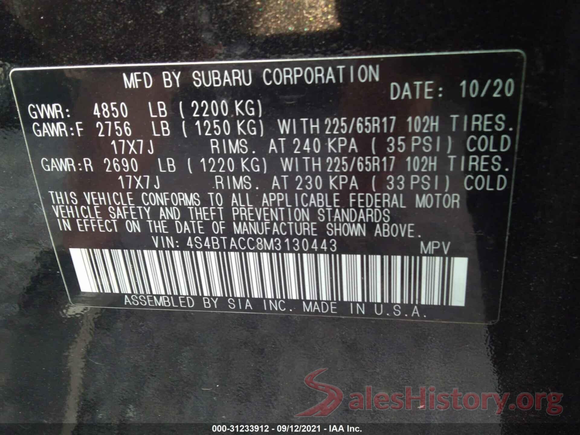 4S4BTACC8M3130443 2021 SUBARU OUTBACK