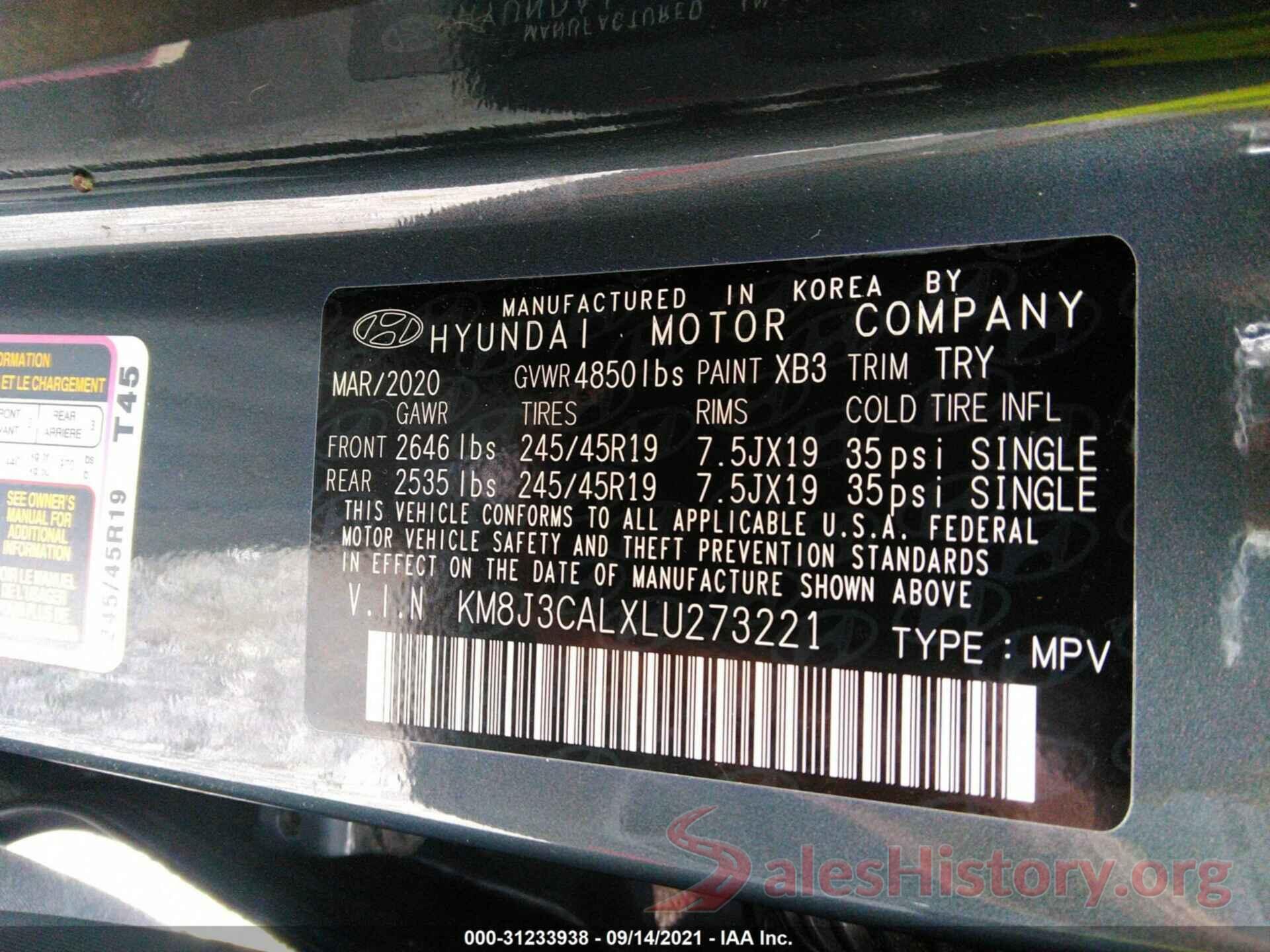 KM8J3CALXLU273221 2020 HYUNDAI TUCSON