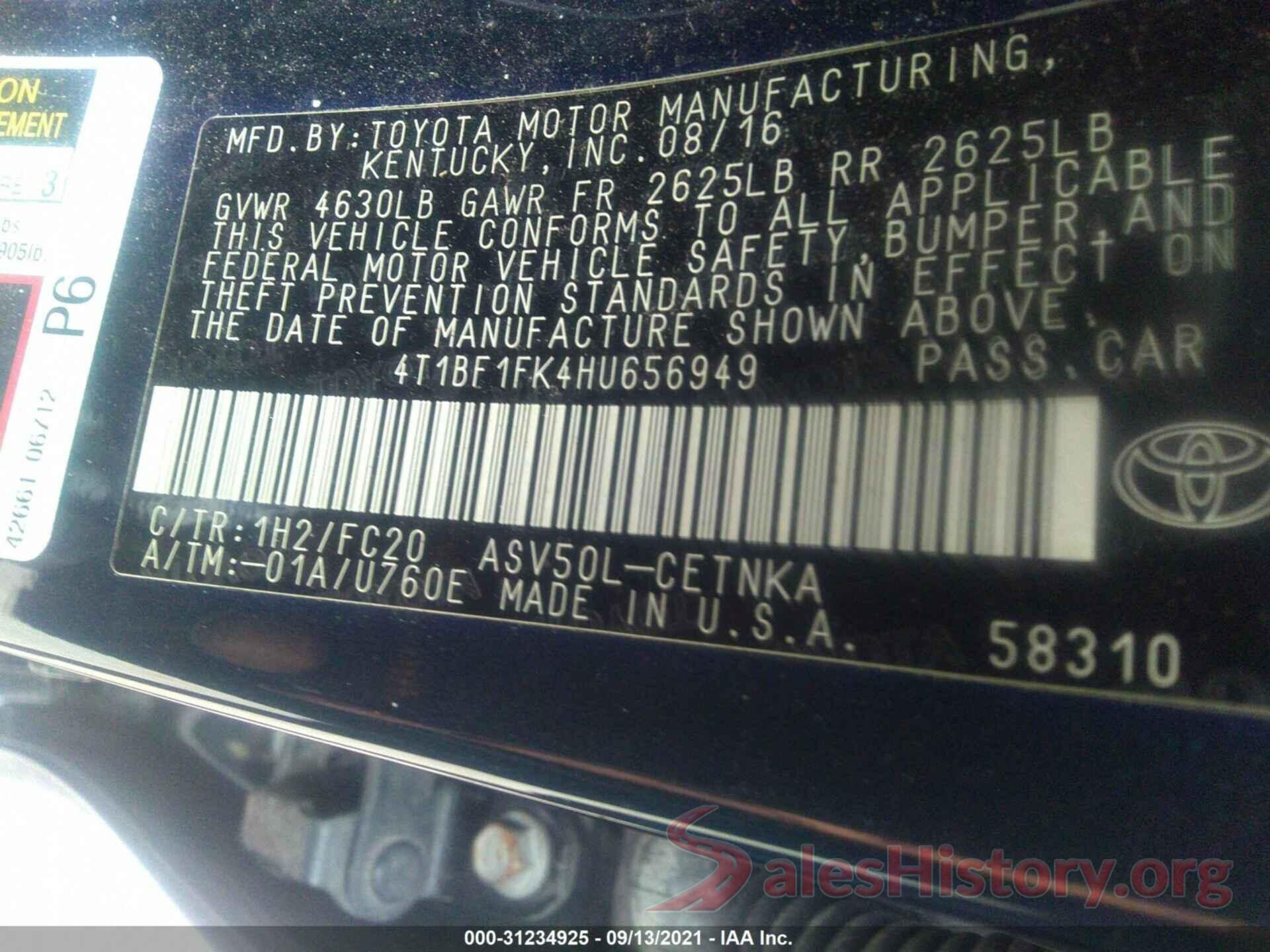 4T1BF1FK4HU656949 2017 TOYOTA CAMRY