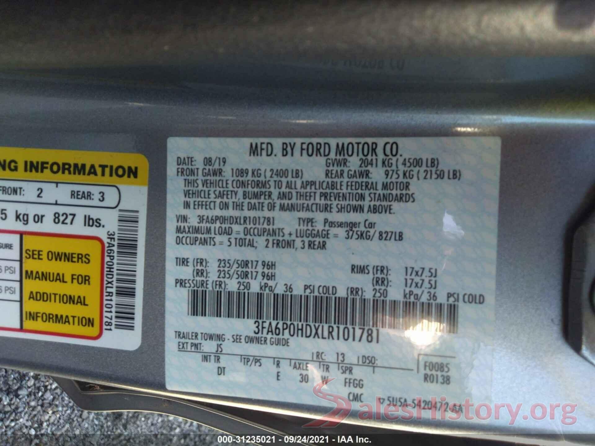 3FA6P0HDXLR101781 2020 FORD FUSION