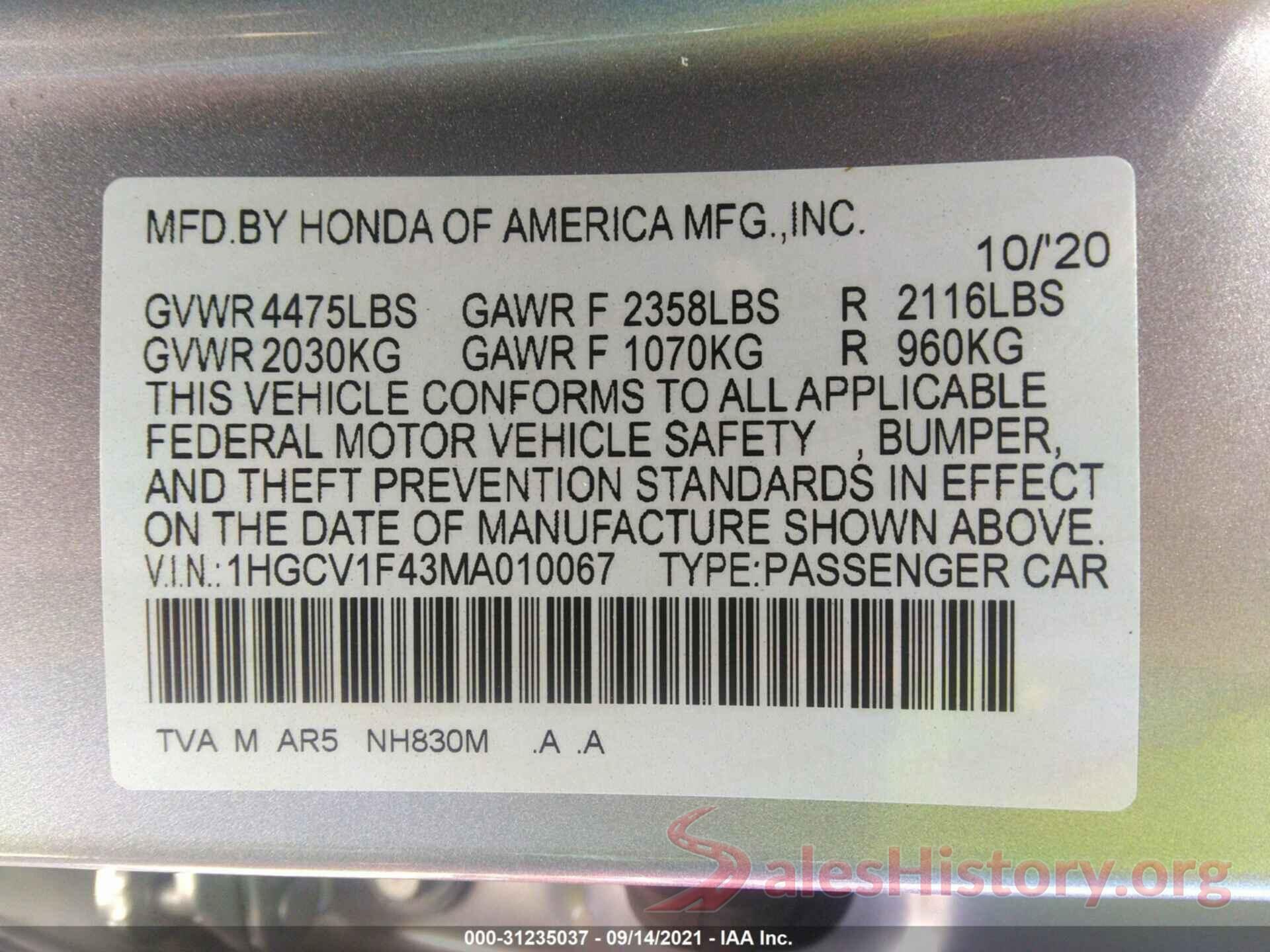 1HGCV1F43MA010067 2021 HONDA ACCORD SEDAN