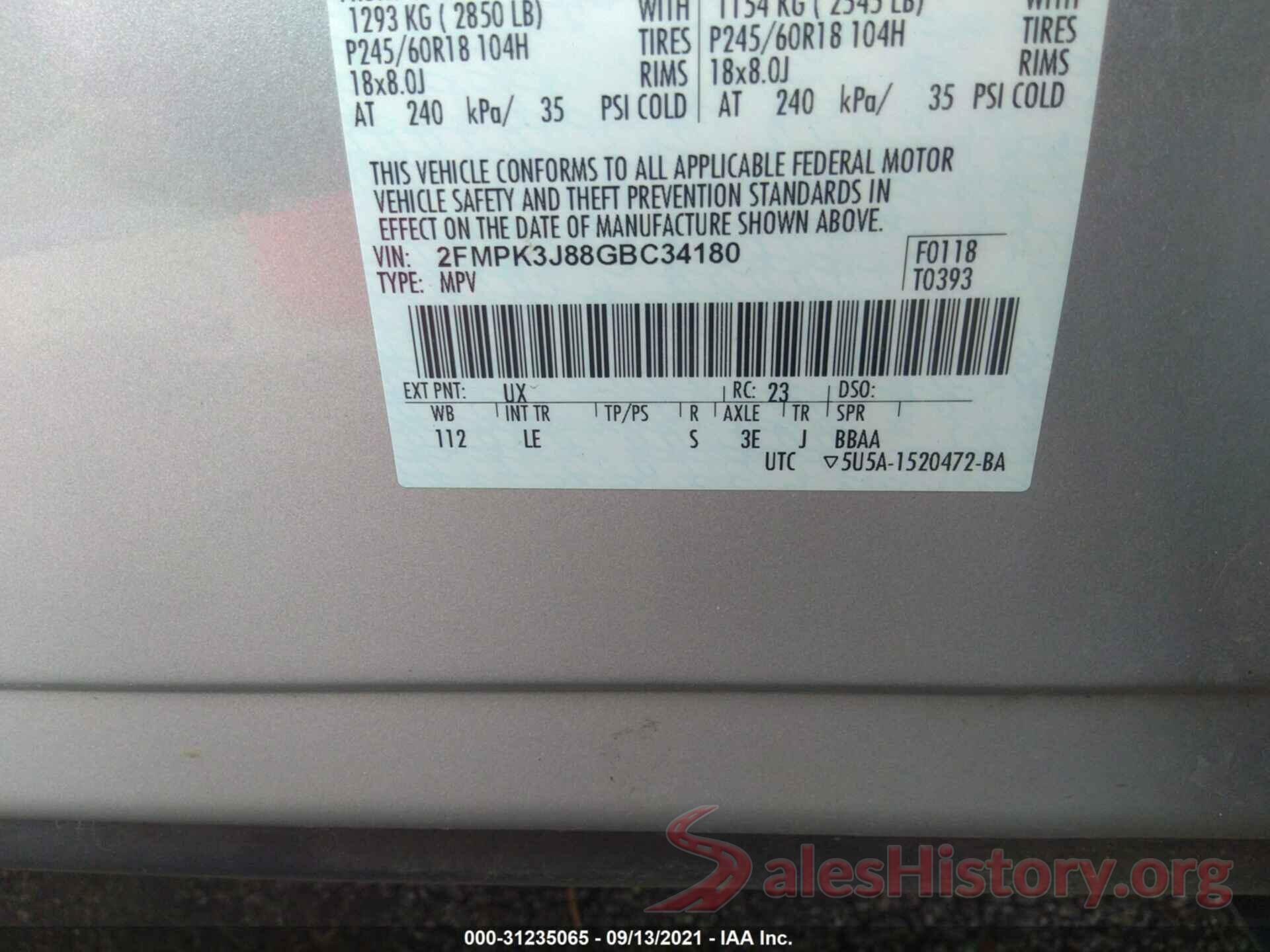 2FMPK3J88GBC34180 2016 FORD EDGE