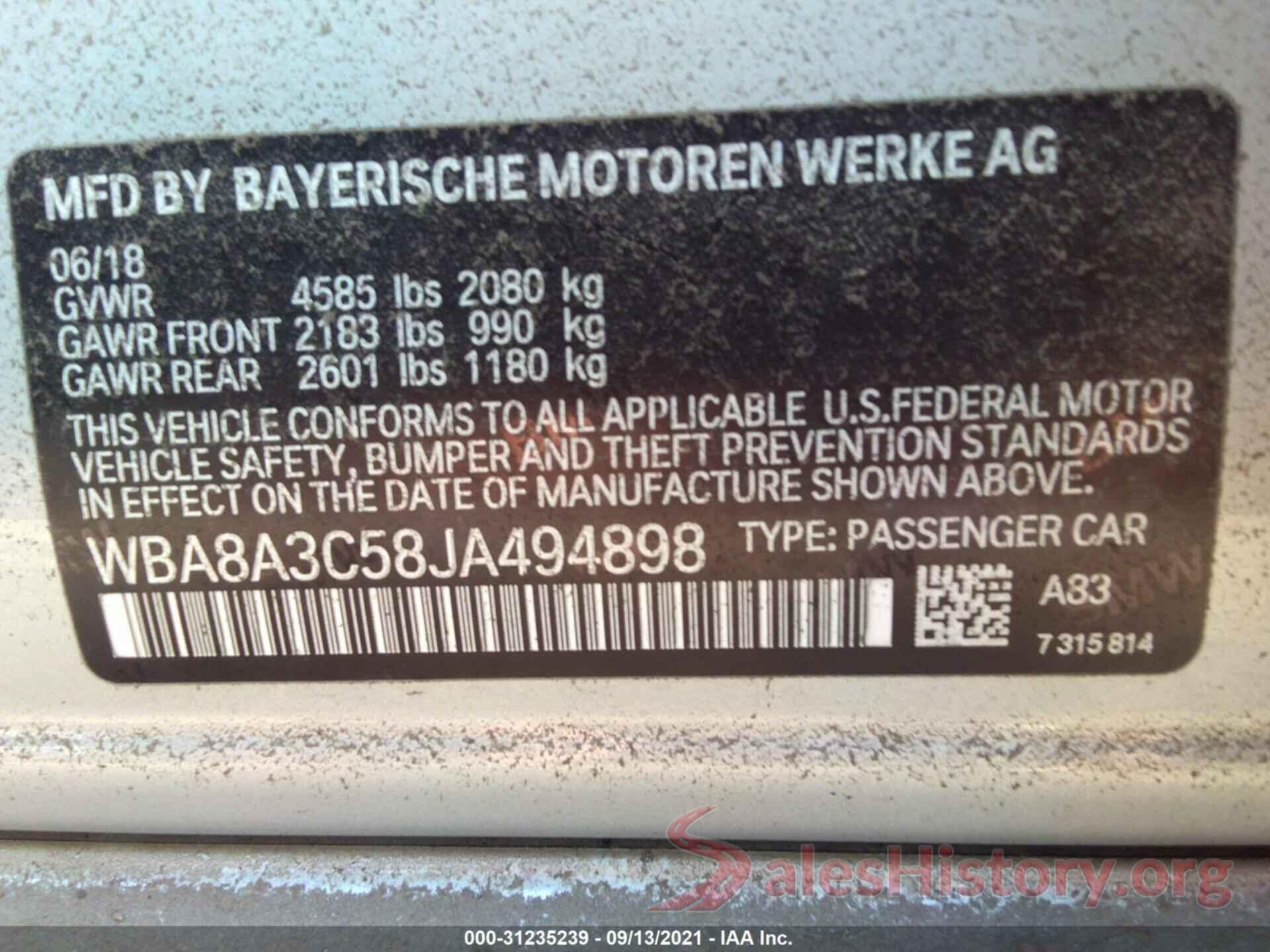 WBA8A3C58JA494898 2018 BMW 3 SERIES