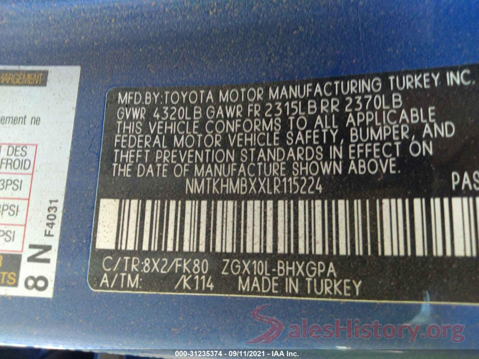 NMTKHMBXXLR115224 2020 TOYOTA C-HR