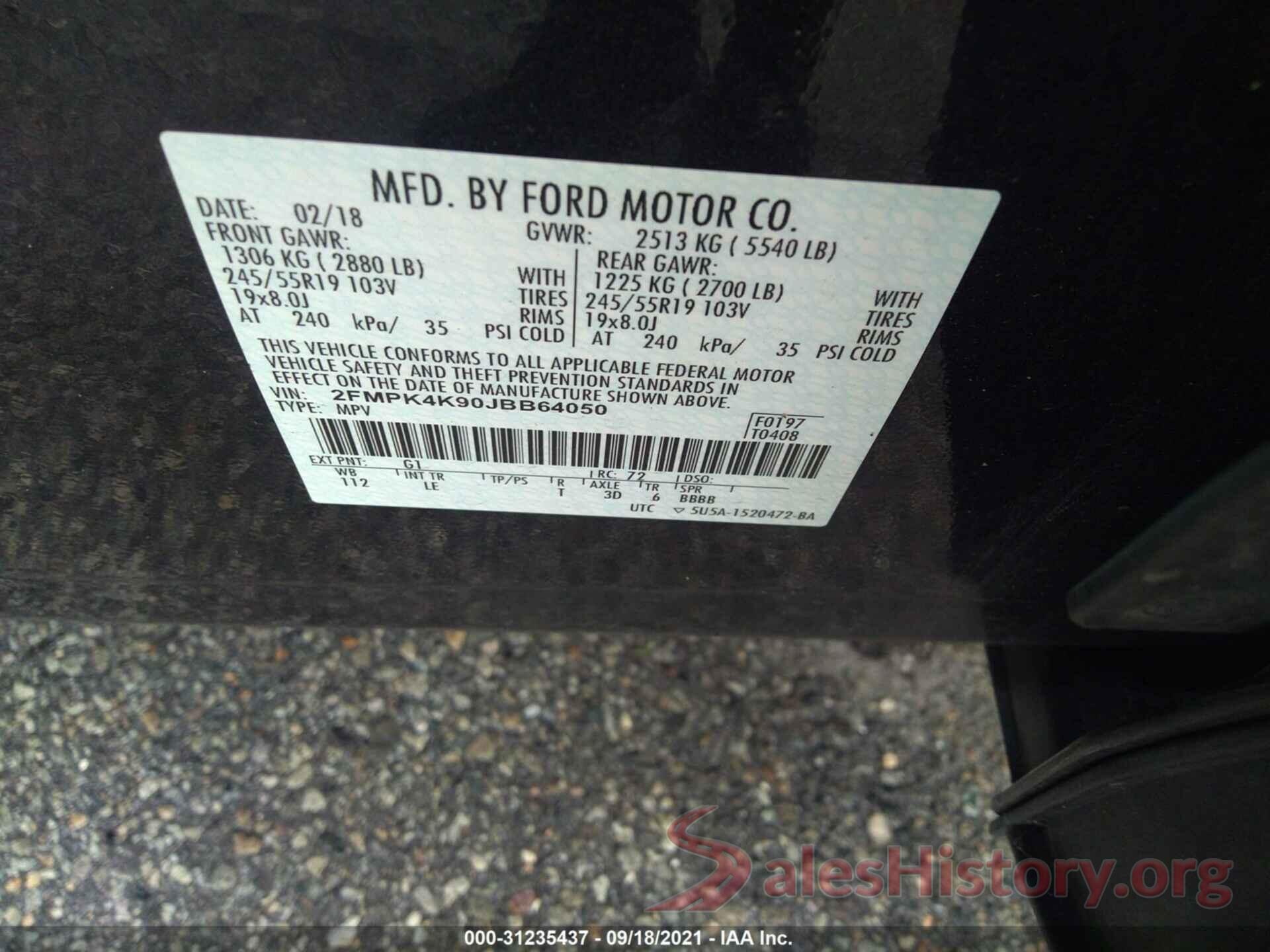 2FMPK4K90JBB64050 2018 FORD EDGE