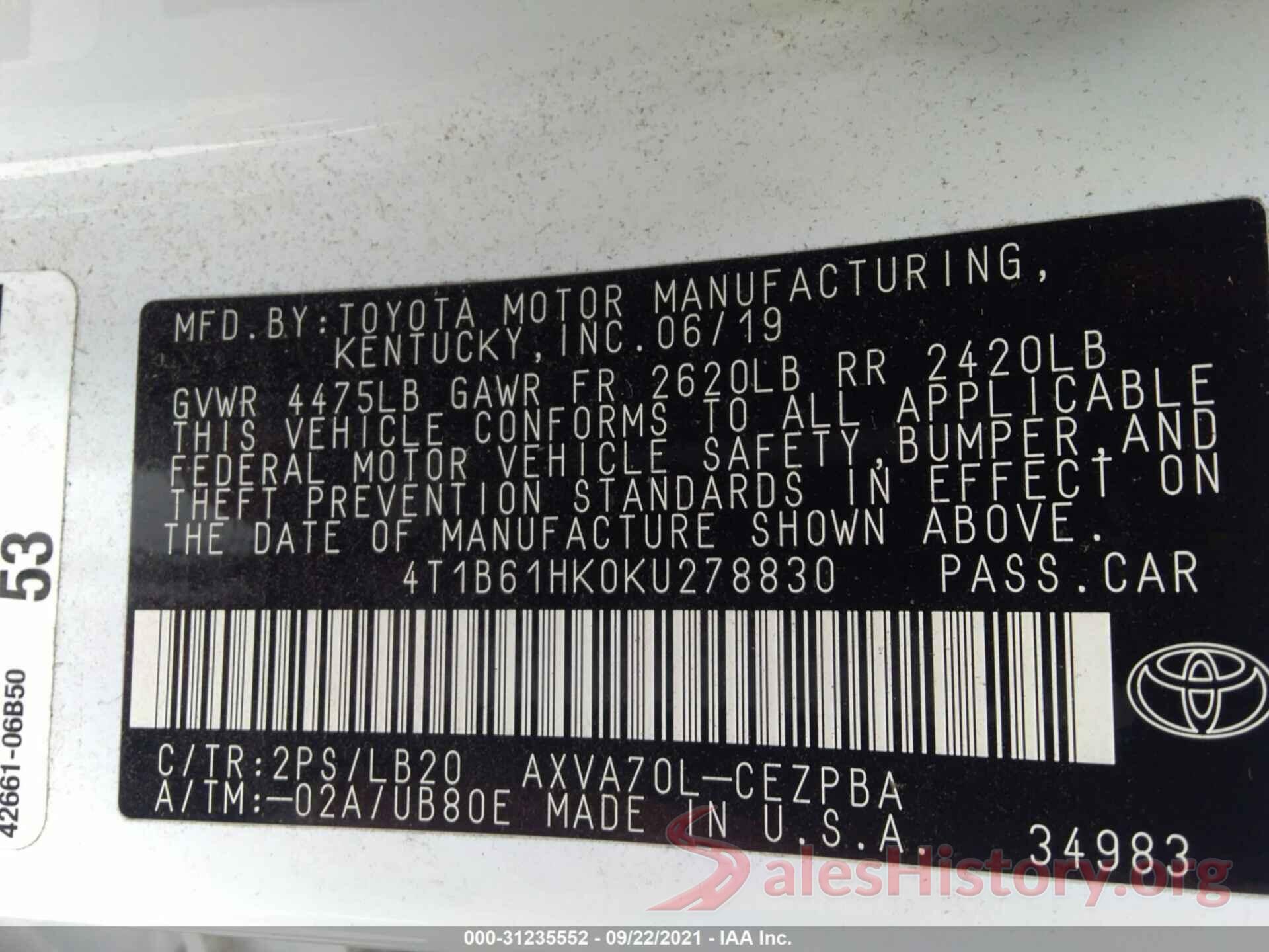 4T1B61HK0KU278830 2019 TOYOTA CAMRY