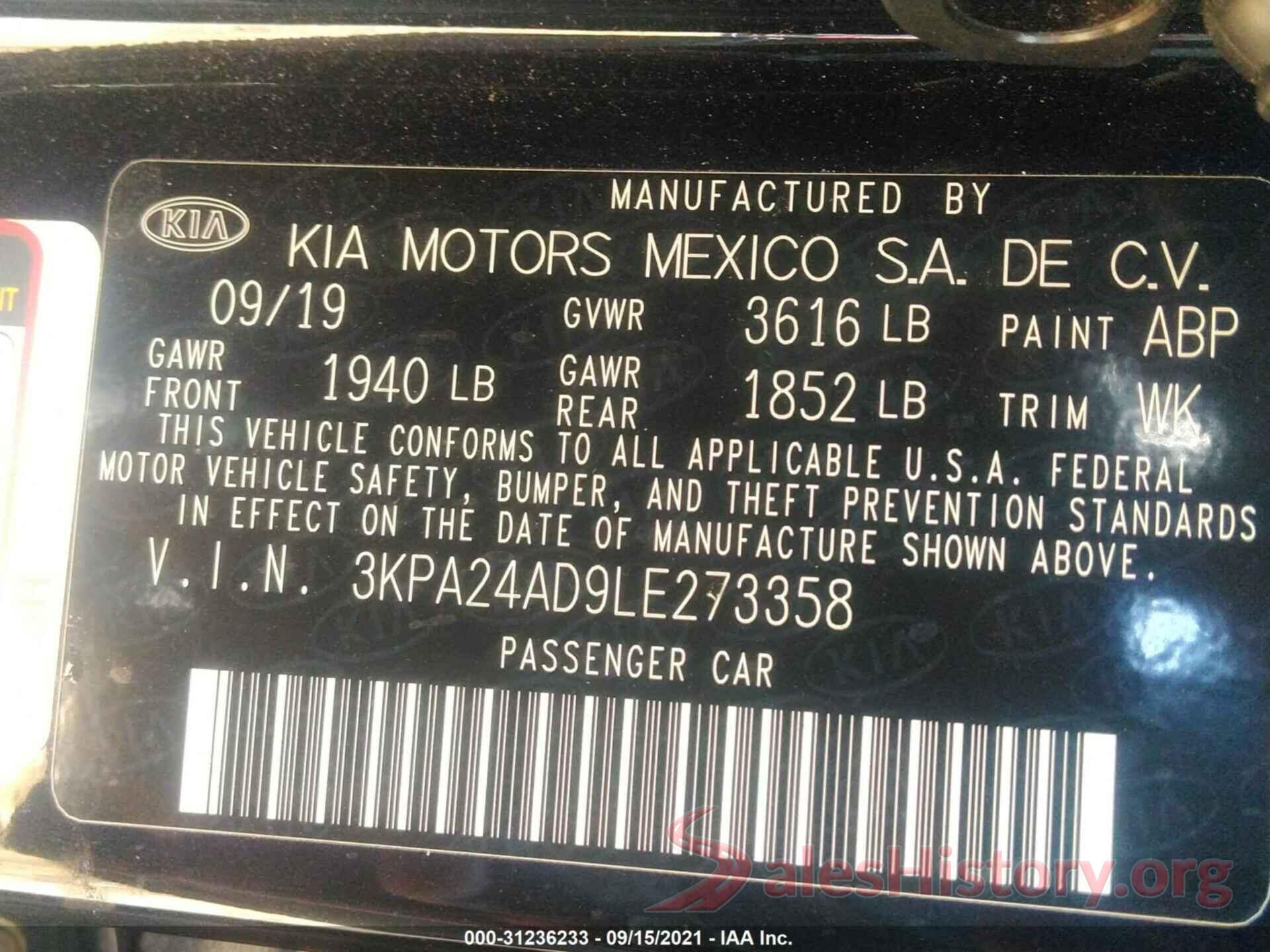 3KPA24AD9LE273358 2020 KIA RIO