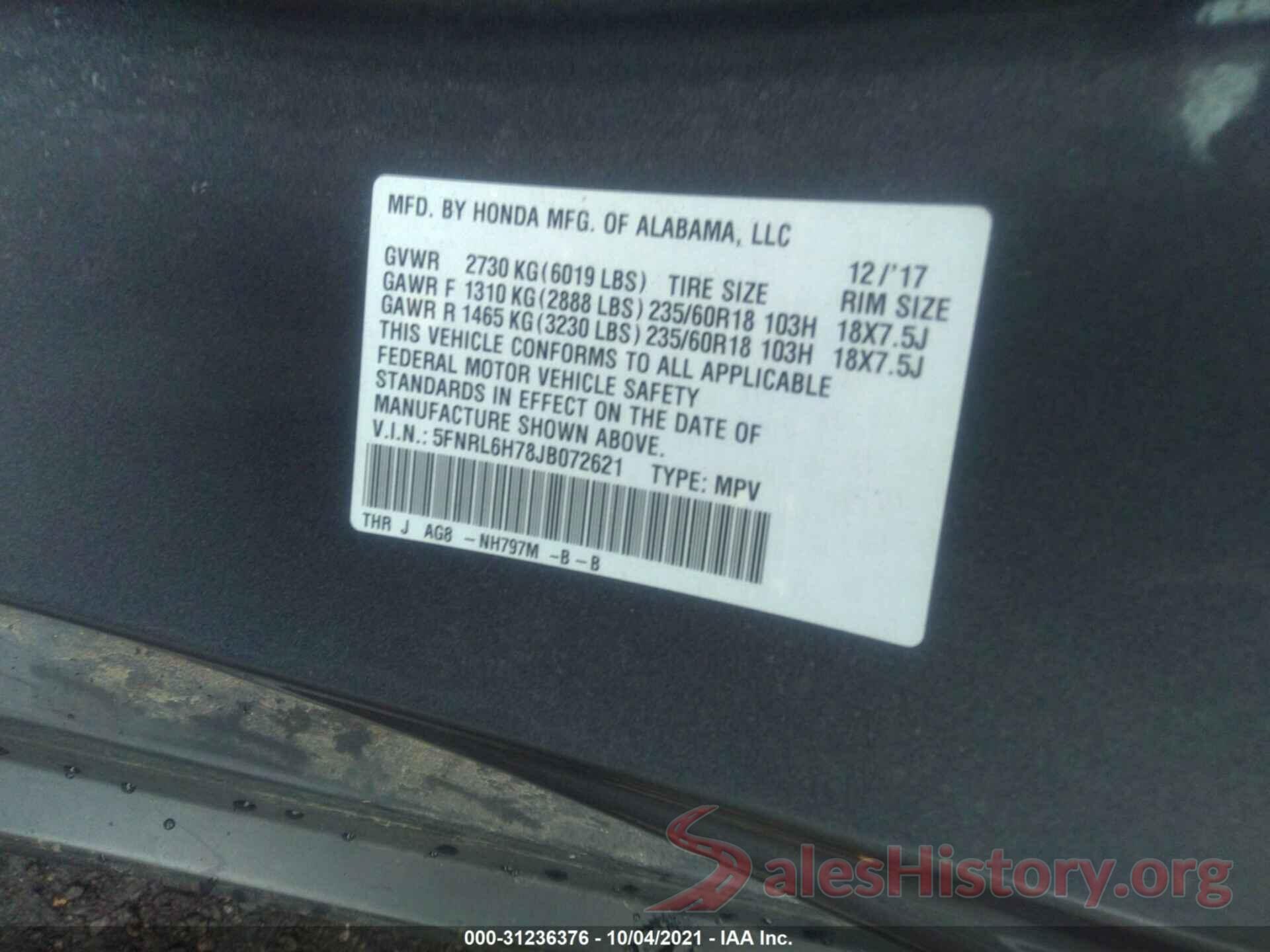 5FNRL6H78JB072621 2018 HONDA ODYSSEY