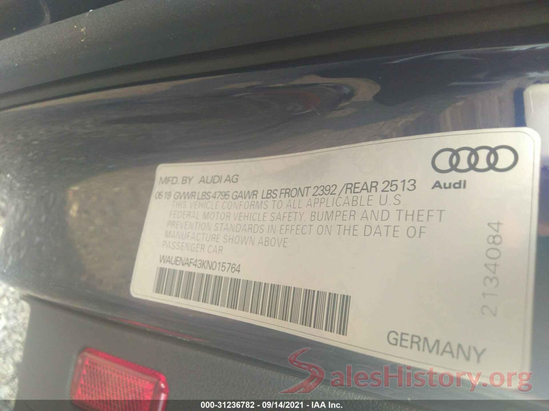 WAUENAF43KN015764 2019 AUDI A4