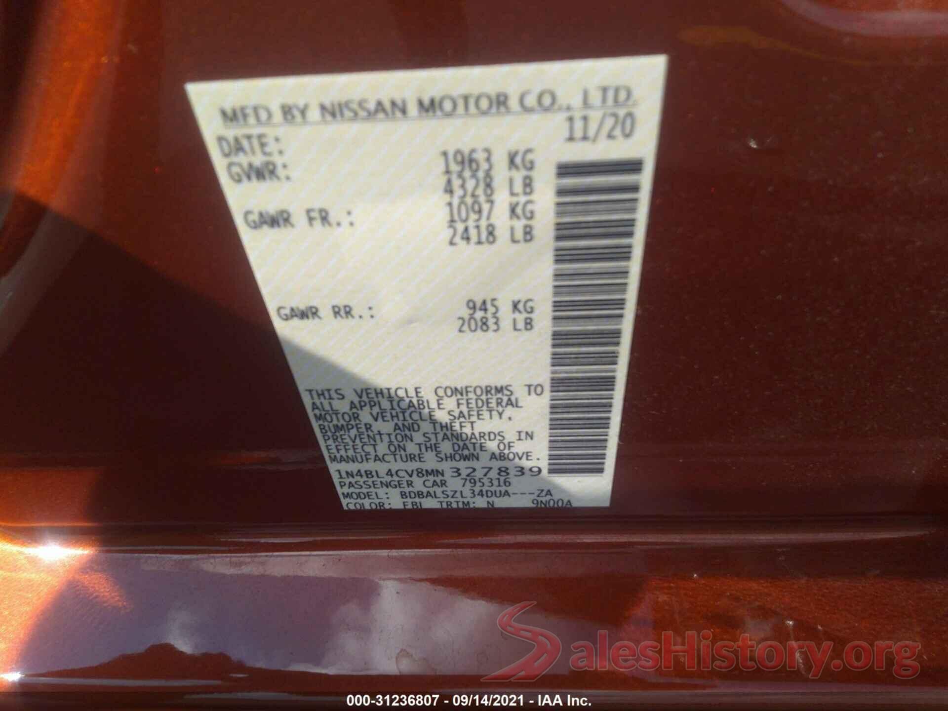 1N4BL4CV8MN327839 2021 NISSAN ALTIMA