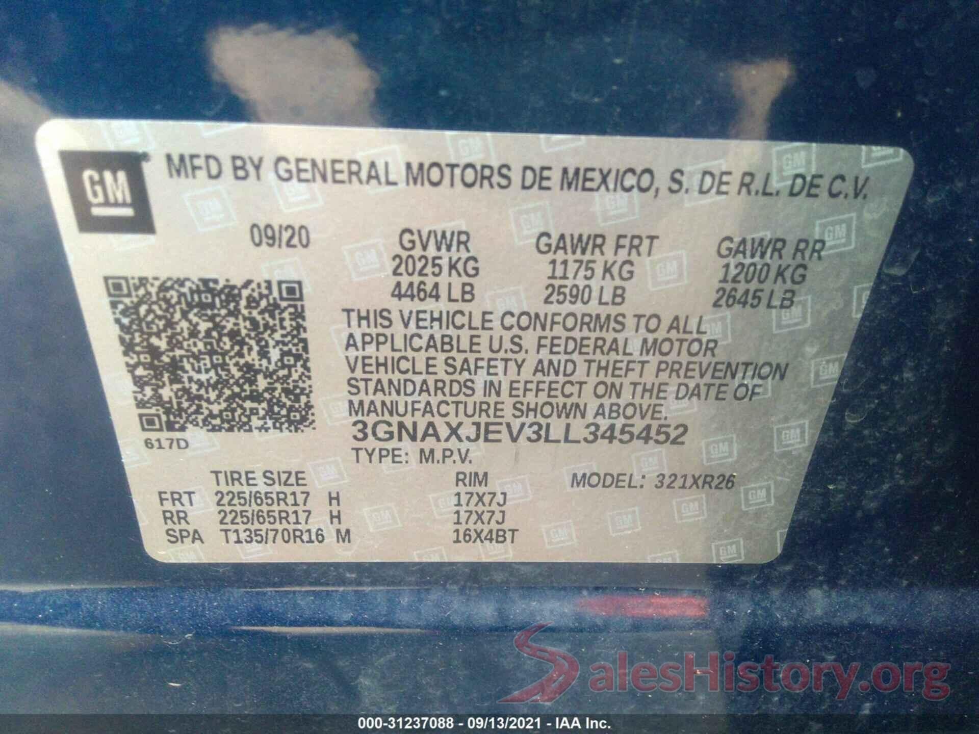 3GNAXJEV3LL345452 2020 CHEVROLET EQUINOX