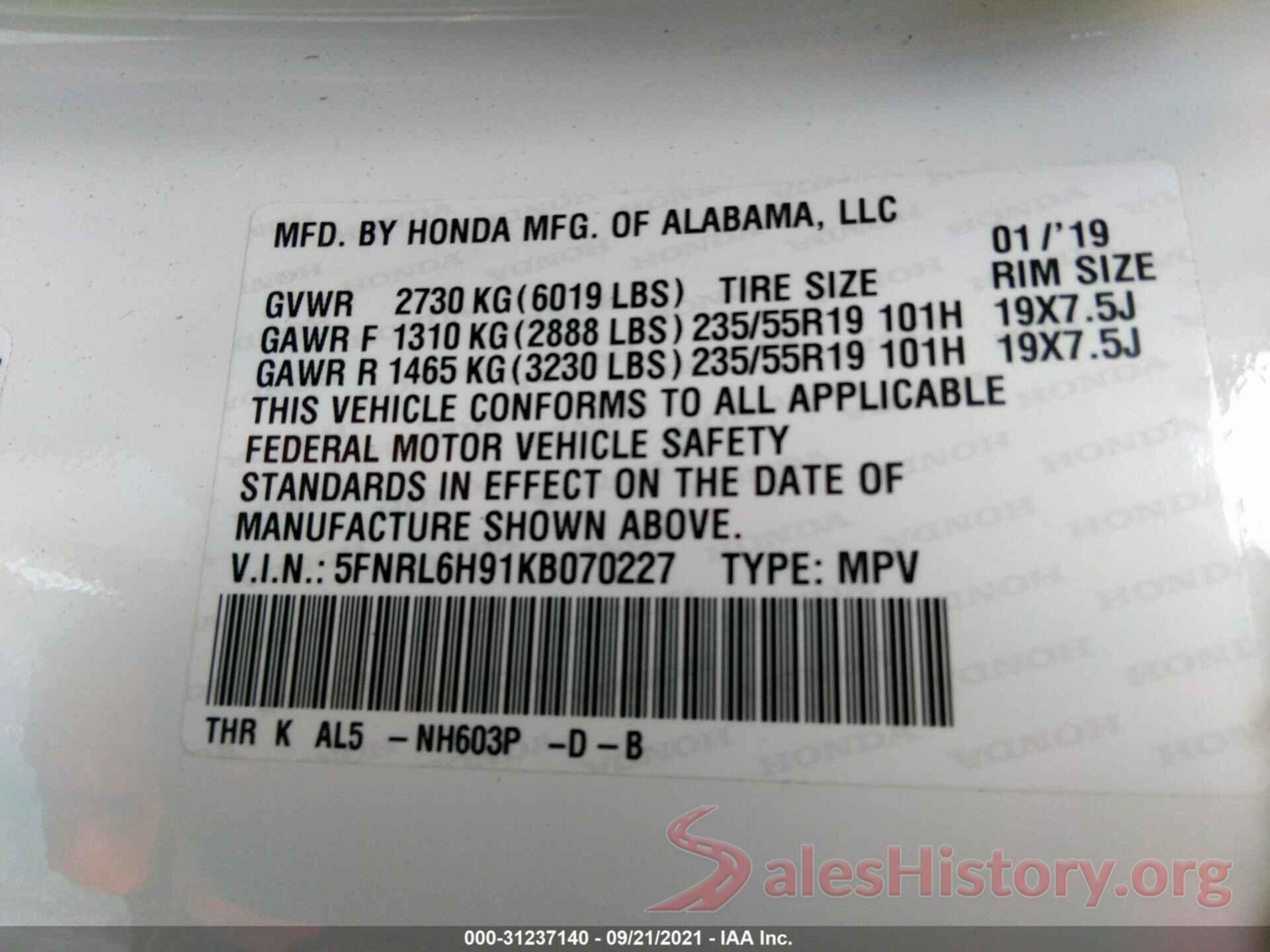 5FNRL6H91KB070227 2019 HONDA ODYSSEY