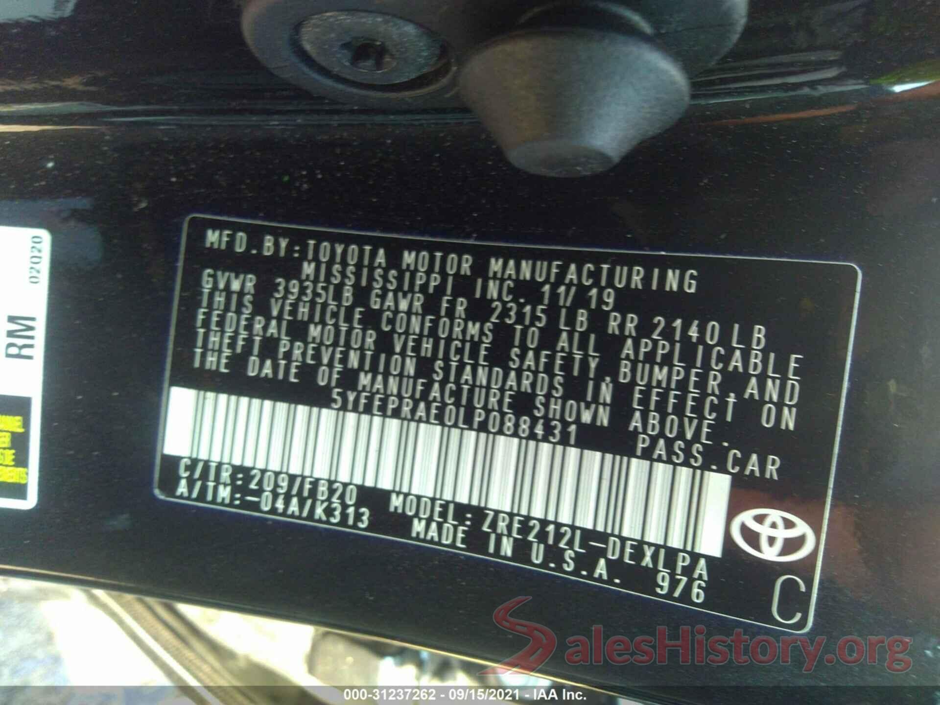 5YFEPRAE0LP088431 2020 TOYOTA COROLLA