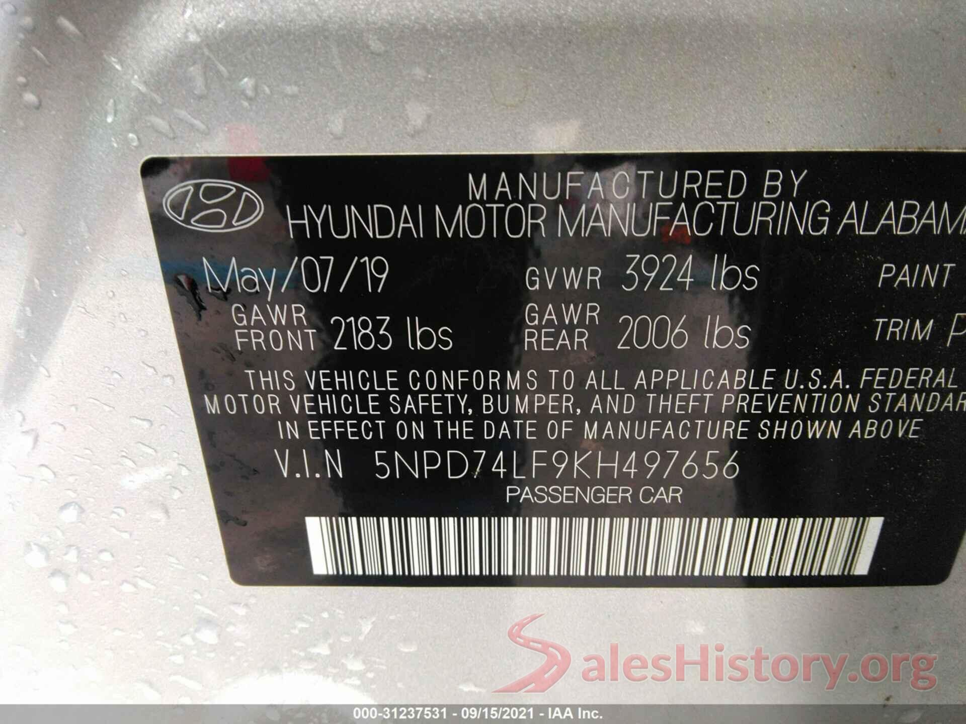 5NPD74LF9KH497656 2019 HYUNDAI ELANTRA