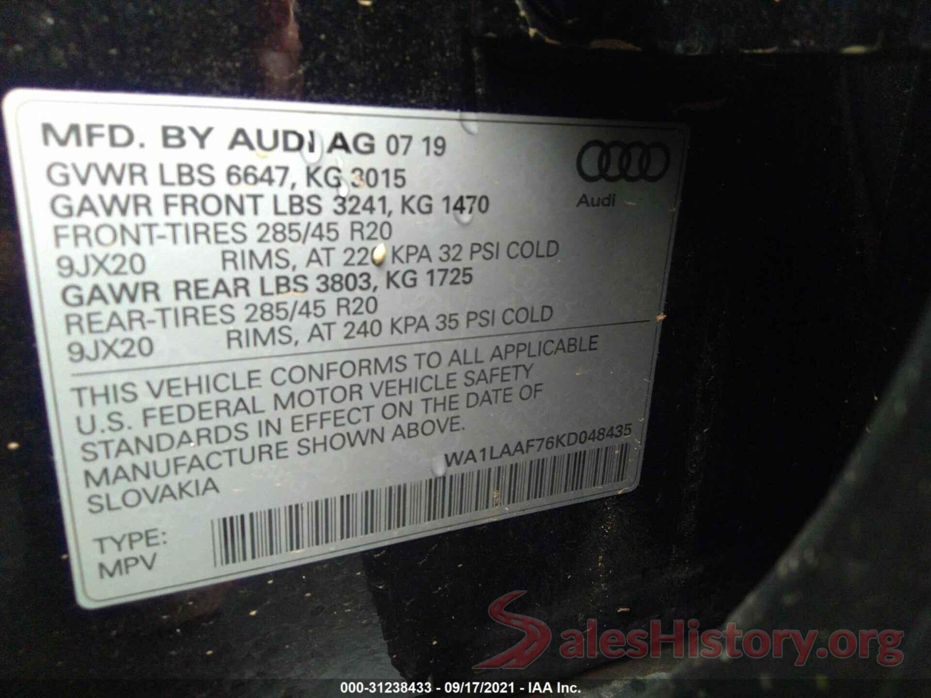 WA1LAAF76KD048435 2019 AUDI Q7