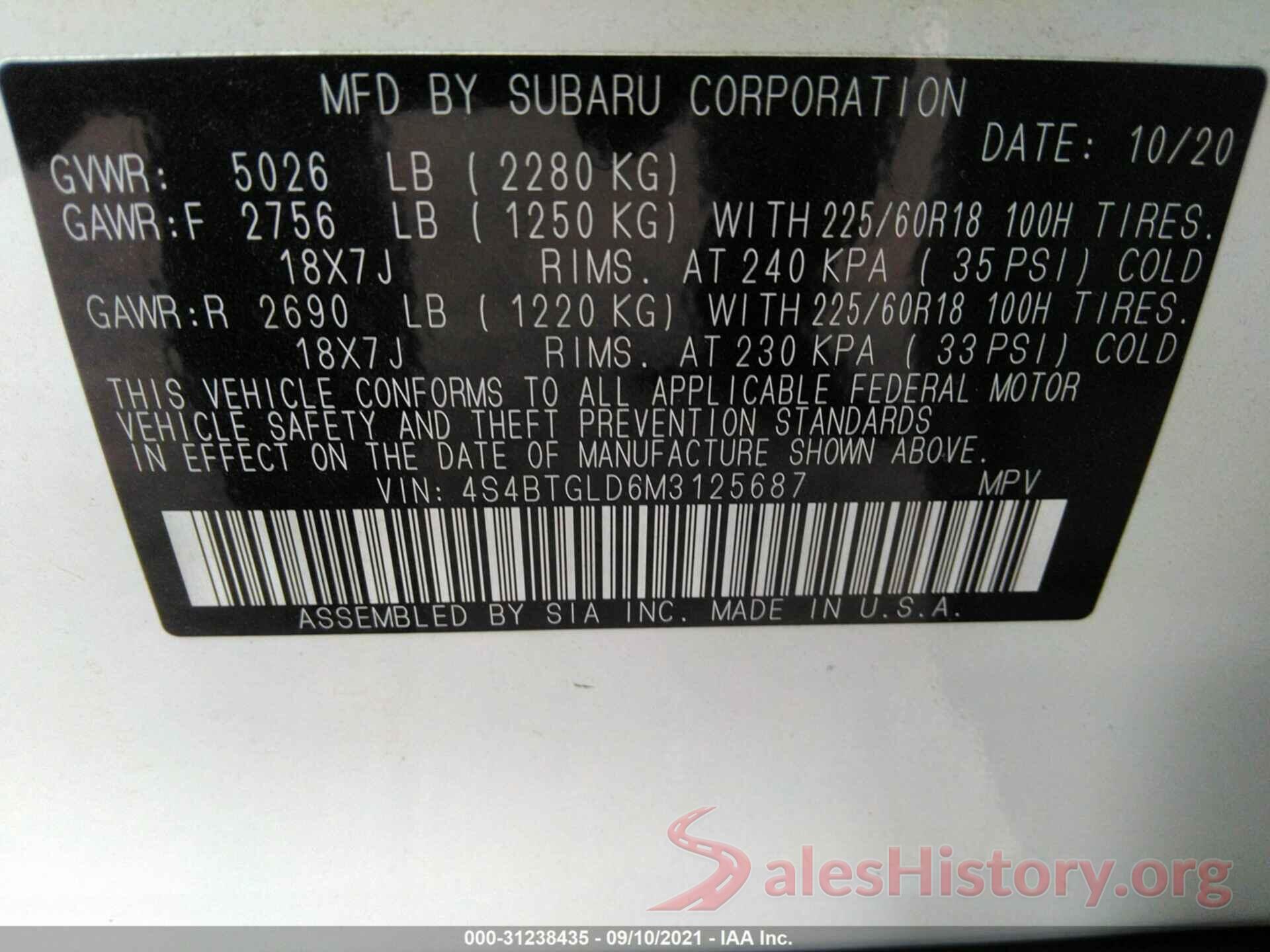 4S4BTGLD6M3125687 2021 SUBARU OUTBACK