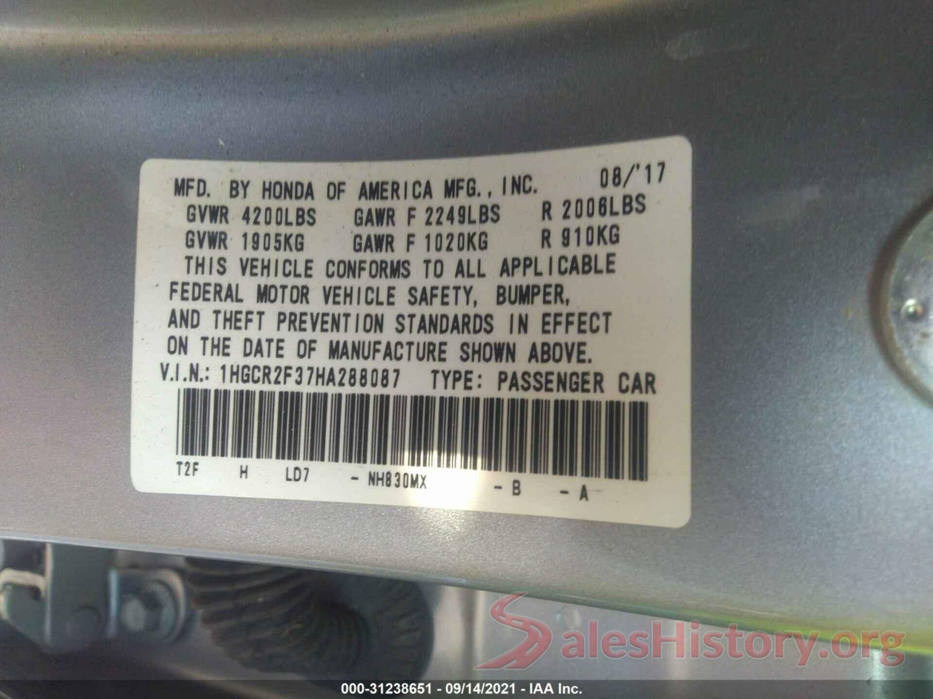 1HGCR2F37HA288087 2017 HONDA ACCORD SEDAN