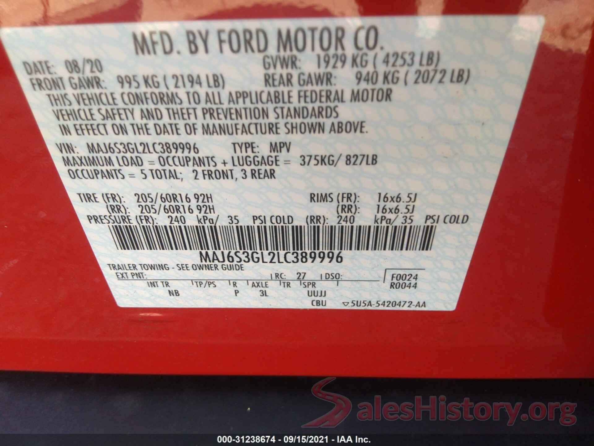 MAJ6S3GL2LC389996 2020 FORD ECOSPORT