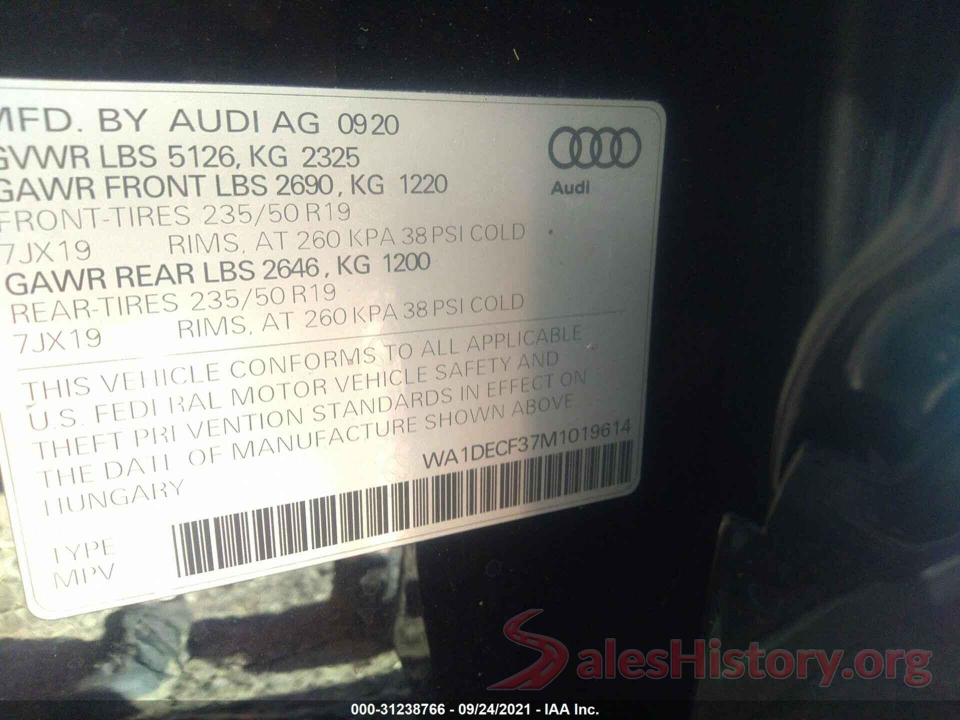 WA1DECF37M1019614 2021 AUDI Q3