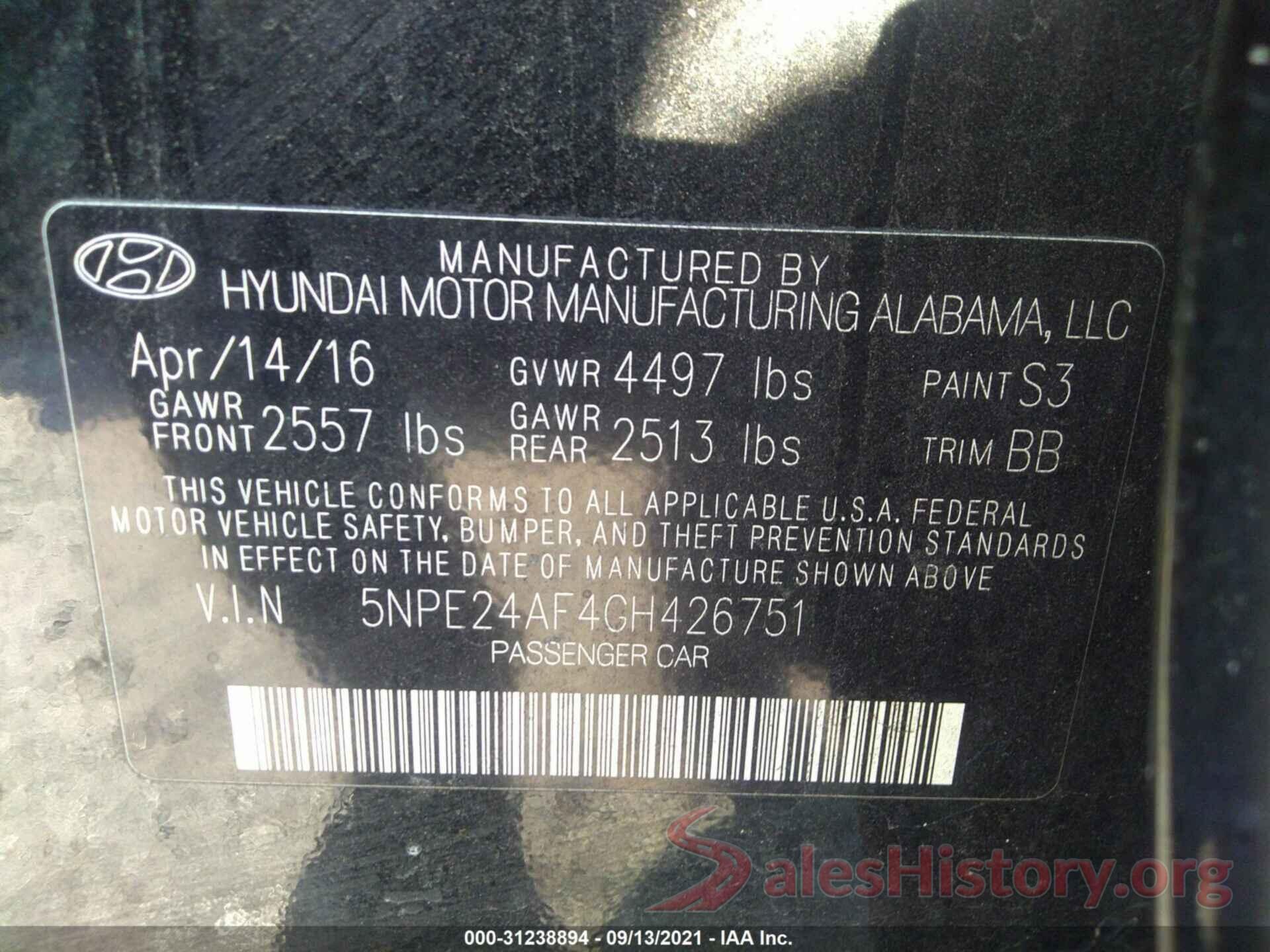 5NPE24AF4GH426751 2016 HYUNDAI SONATA