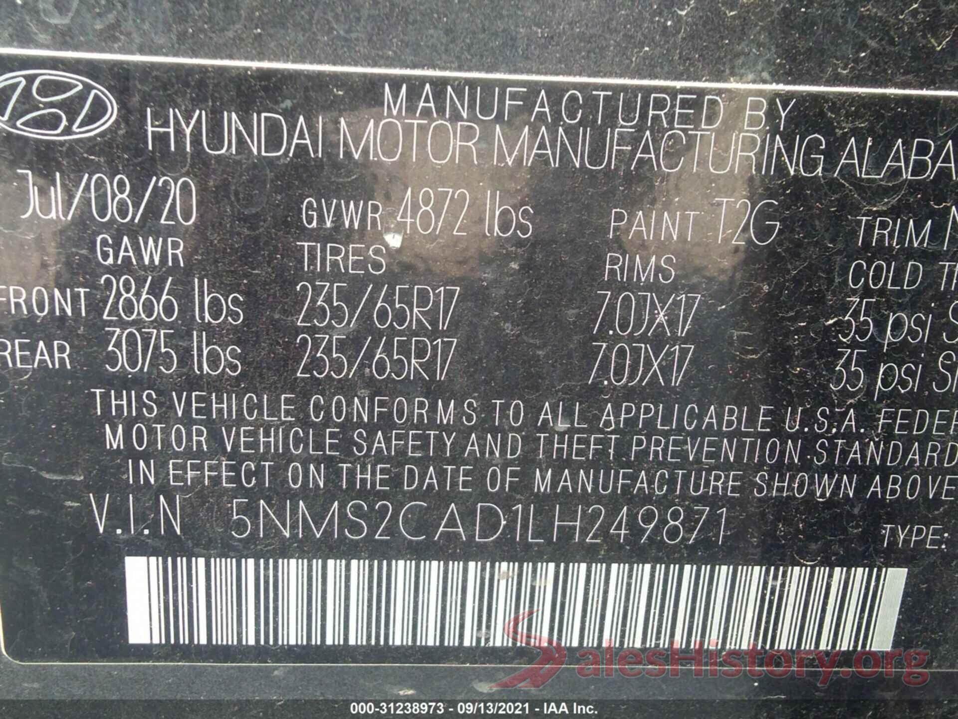 5NMS2CAD1LH249871 2020 HYUNDAI SANTA FE