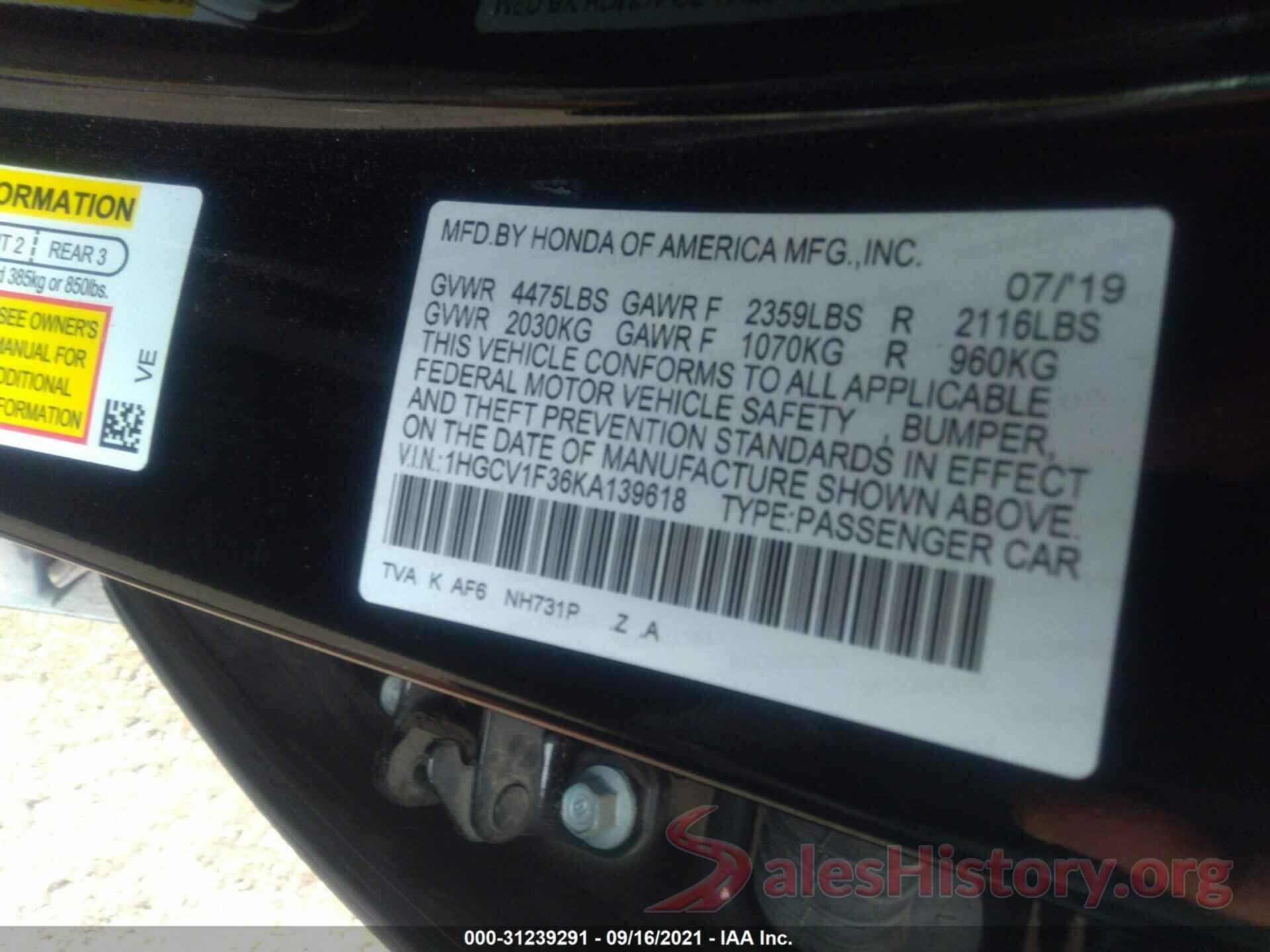 1HGCV1F36KA139618 2019 HONDA ACCORD SEDAN