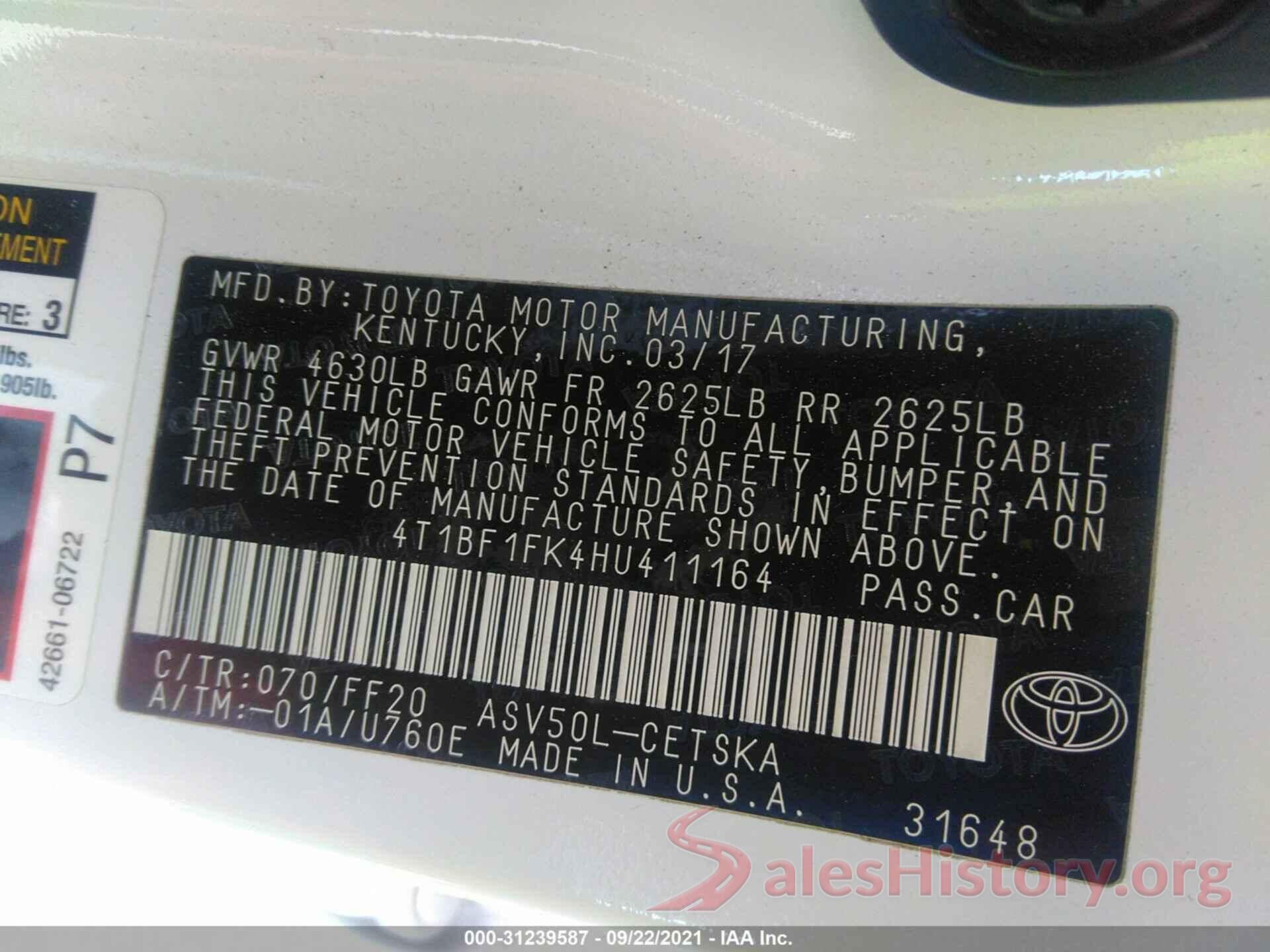 4T1BF1FK4HU411164 2017 TOYOTA CAMRY