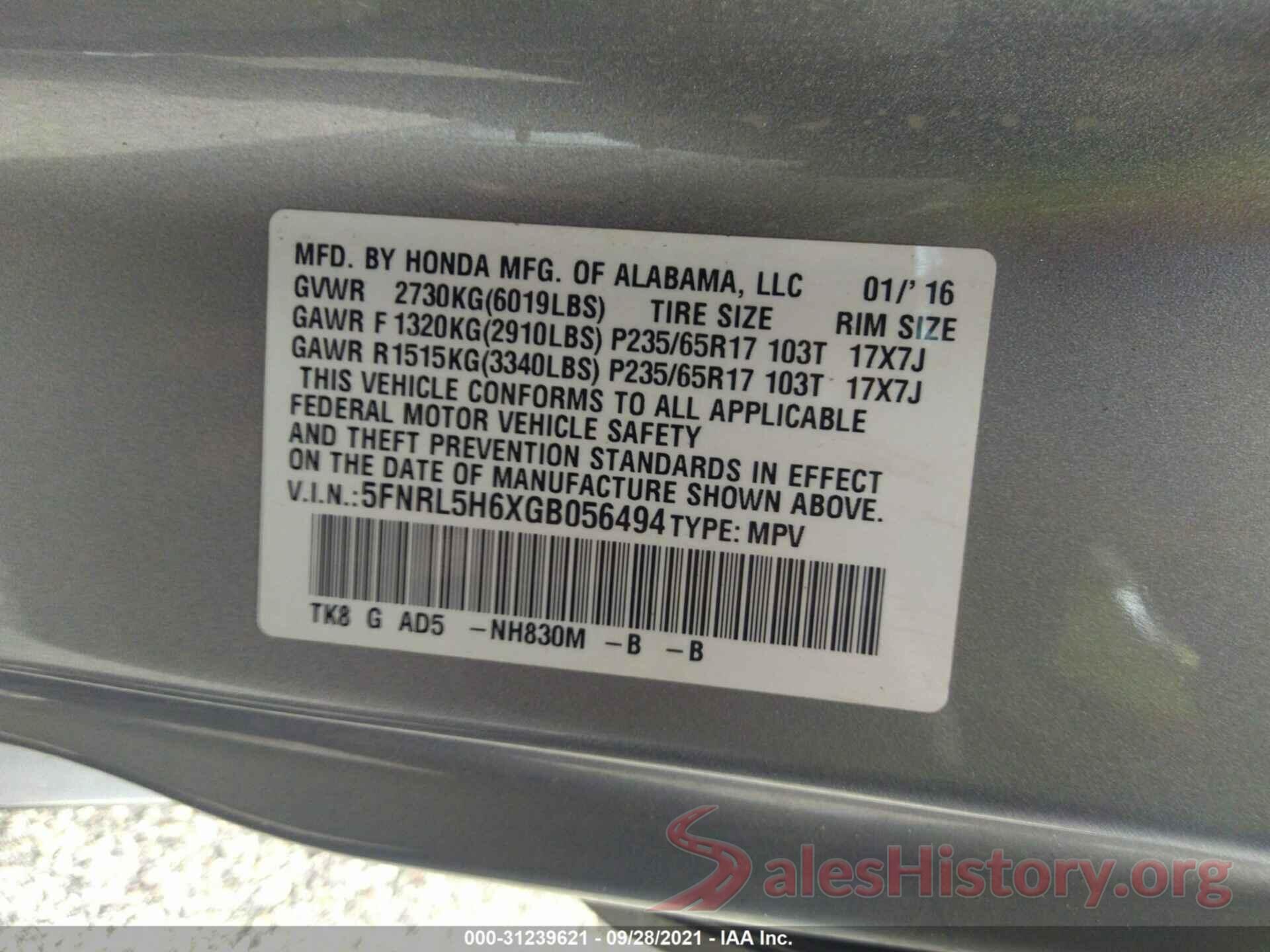 5FNRL5H6XGB056494 2016 HONDA ODYSSEY