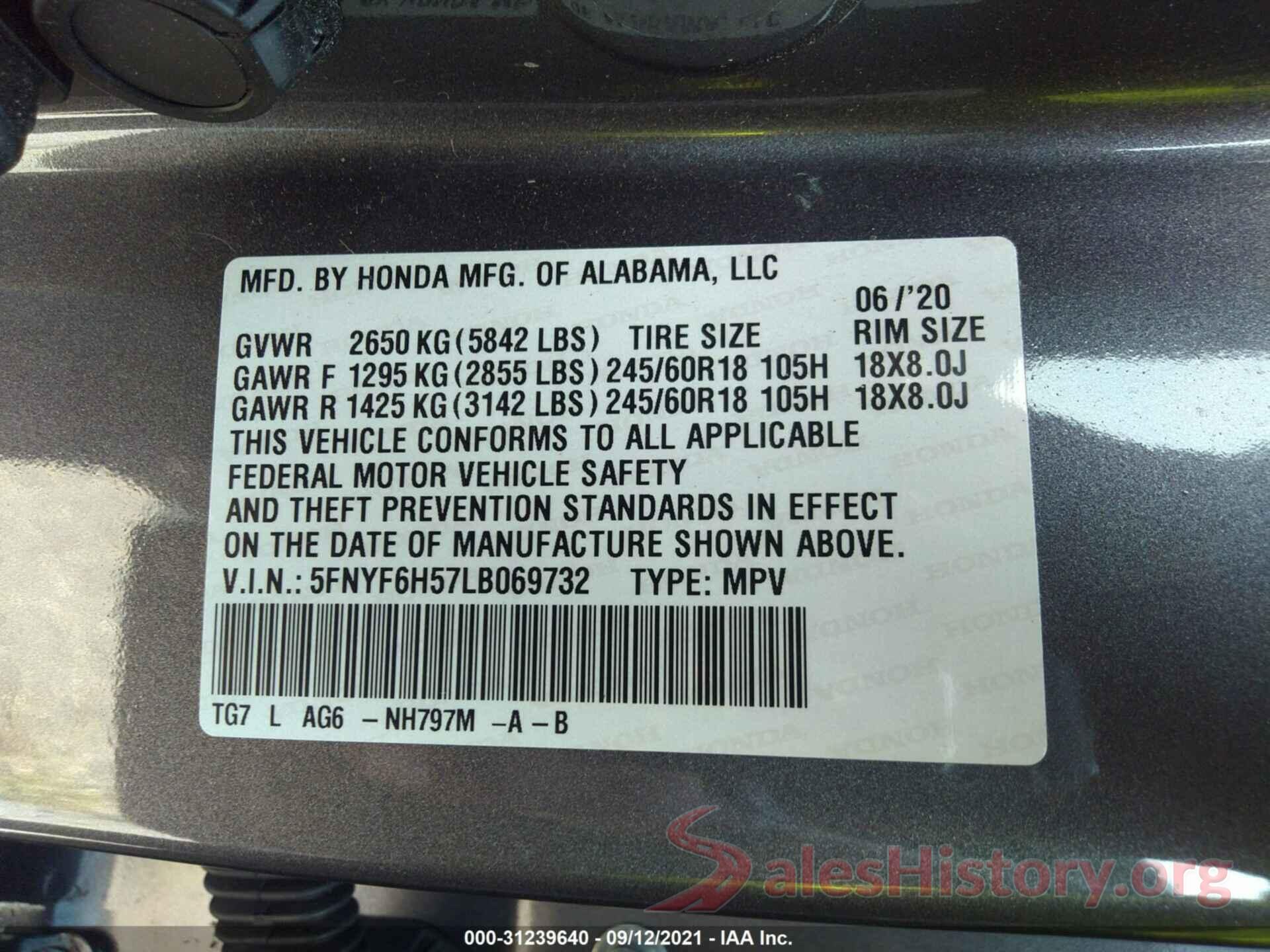 5FNYF6H57LB069732 2020 HONDA PILOT