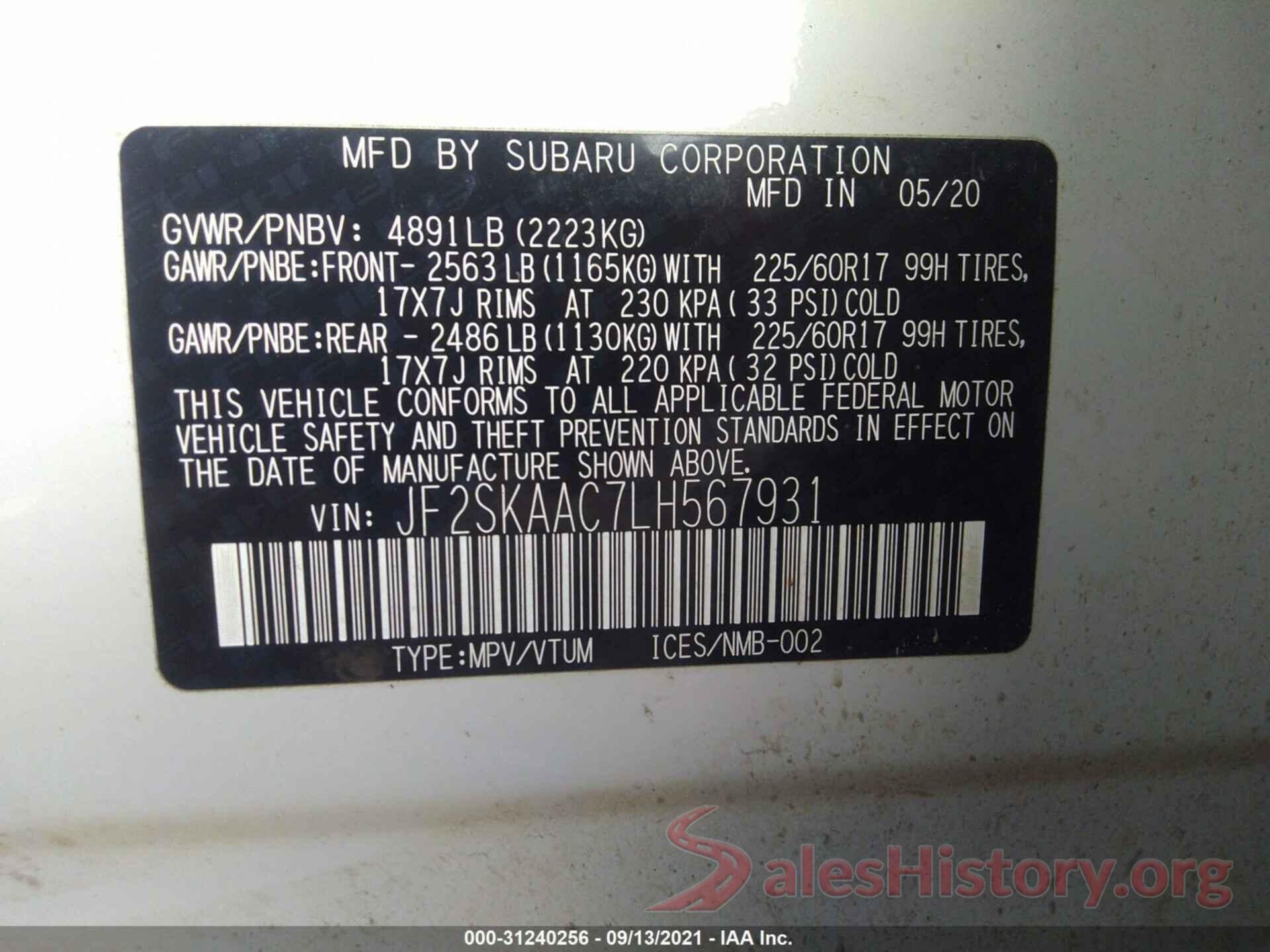 JF2SKAAC7LH567931 2020 SUBARU FORESTER