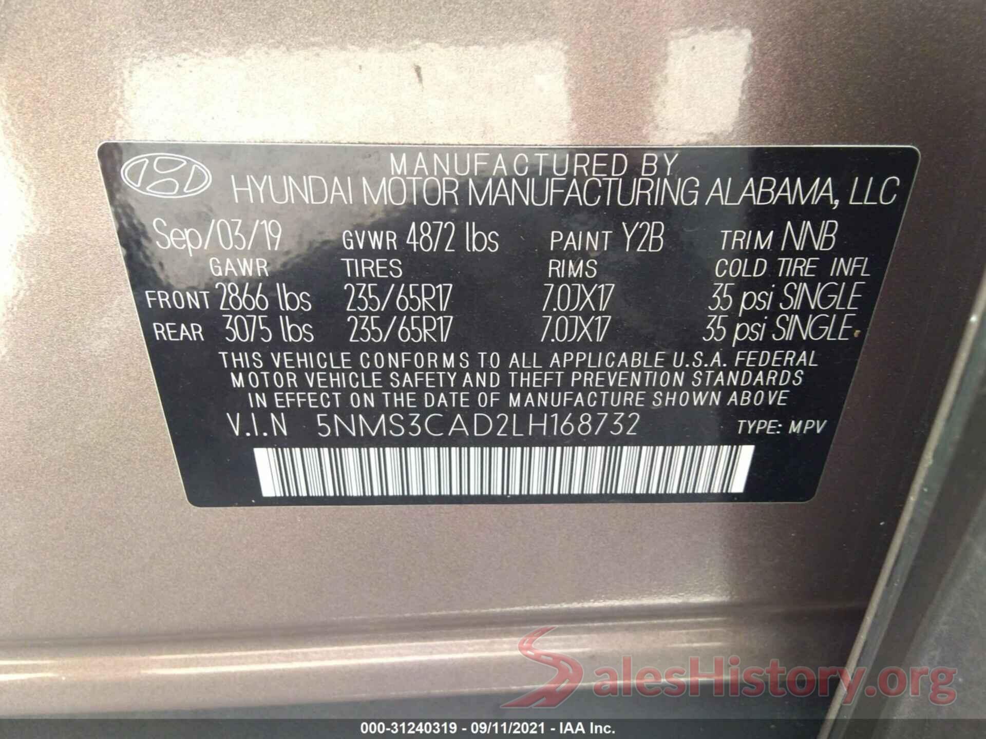 5NMS3CAD2LH168732 2020 HYUNDAI SANTA FE