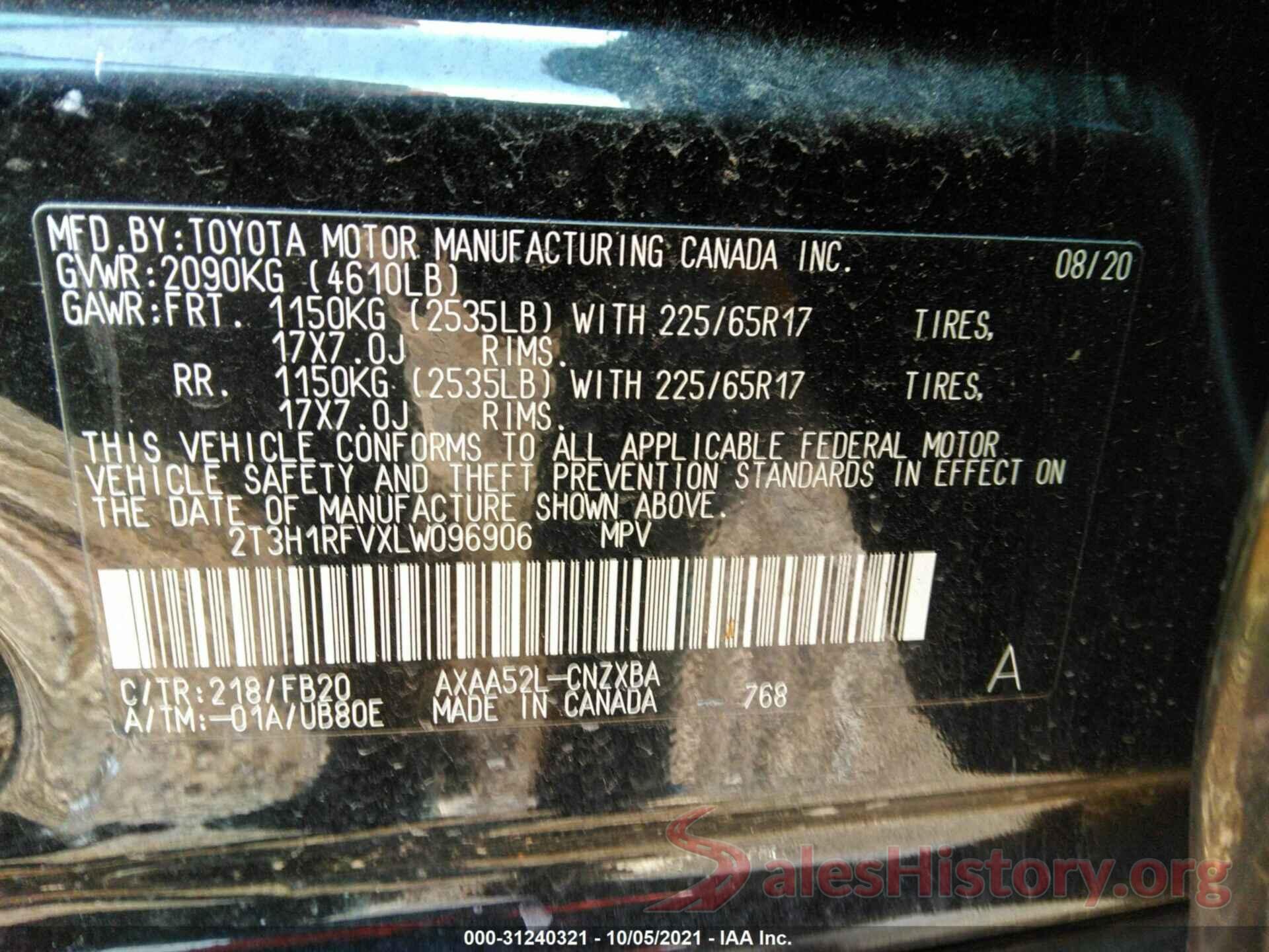 2T3H1RFVXLW096906 2020 TOYOTA RAV4