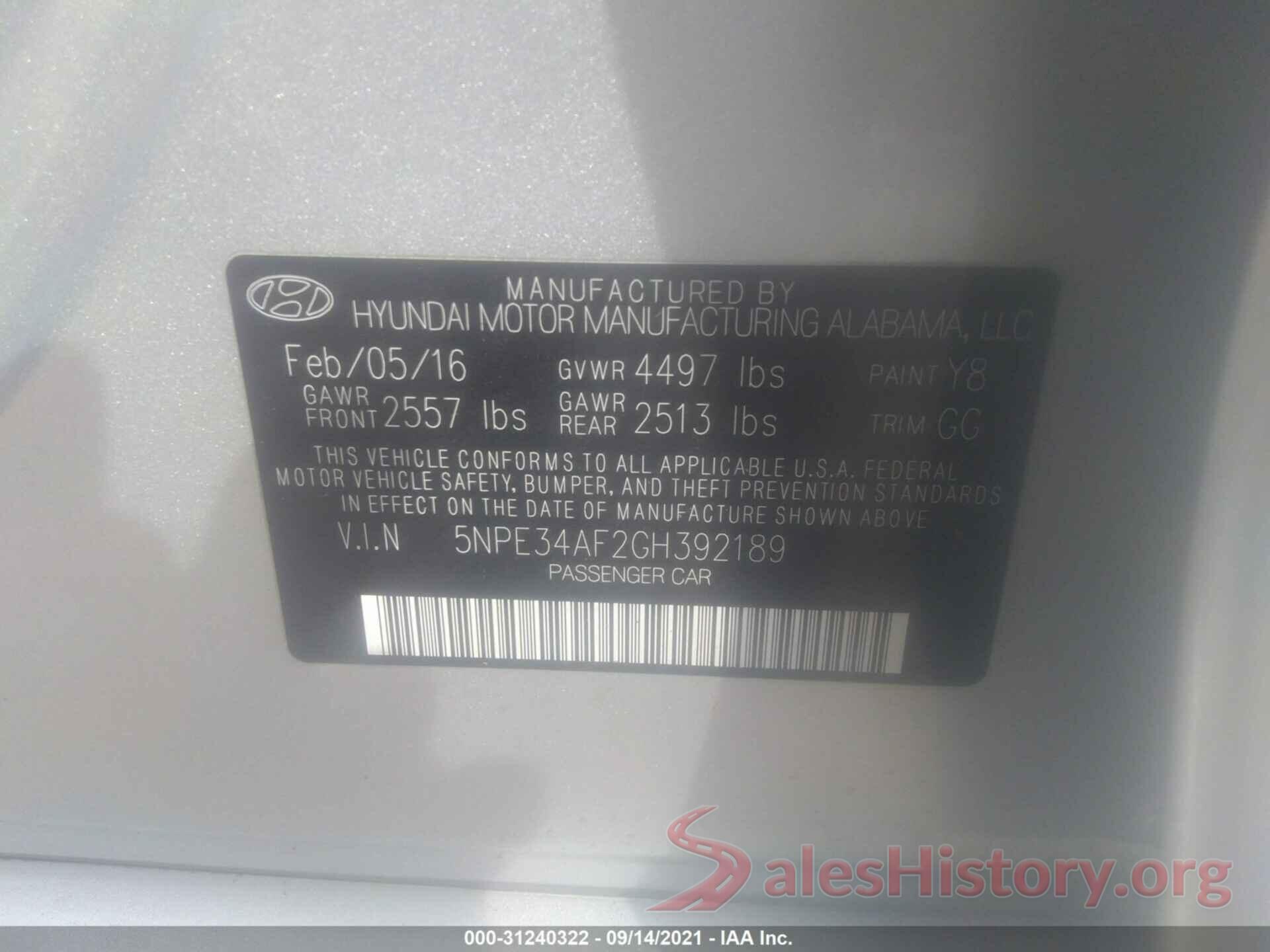 5NPE34AF2GH392189 2016 HYUNDAI SONATA