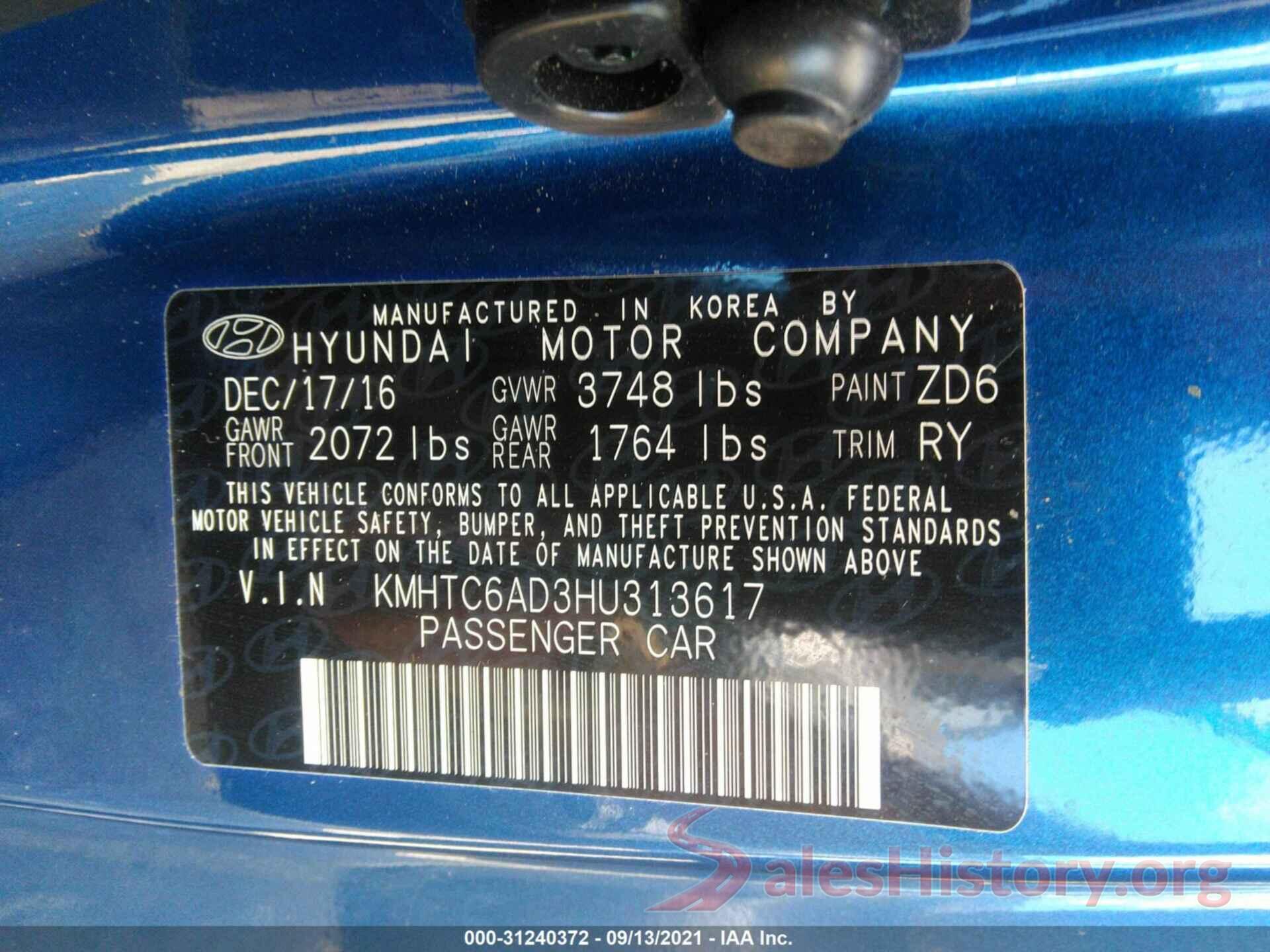 KMHTC6AD3HU313617 2017 HYUNDAI VELOSTER