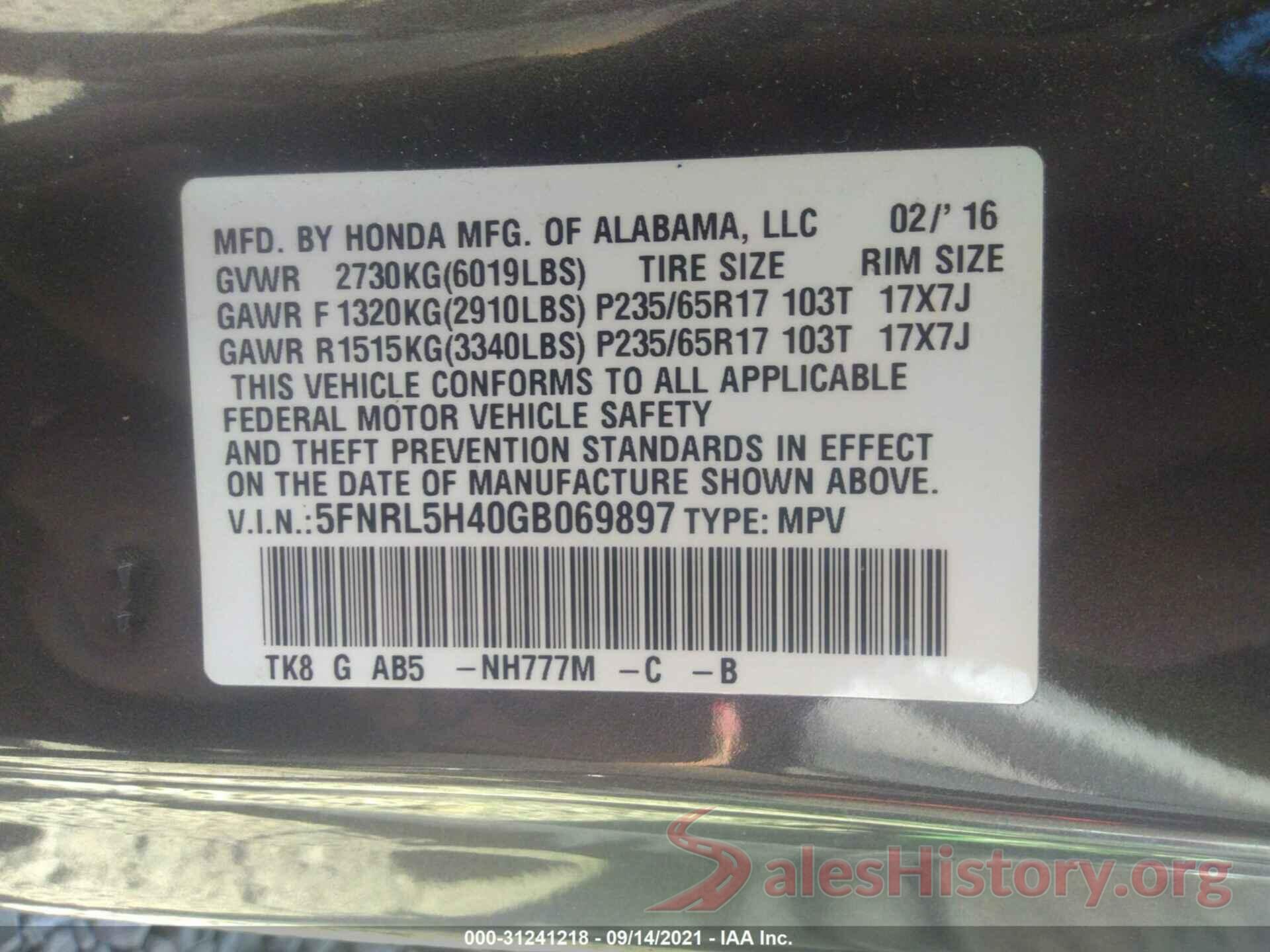 5FNRL5H40GB069897 2016 HONDA ODYSSEY