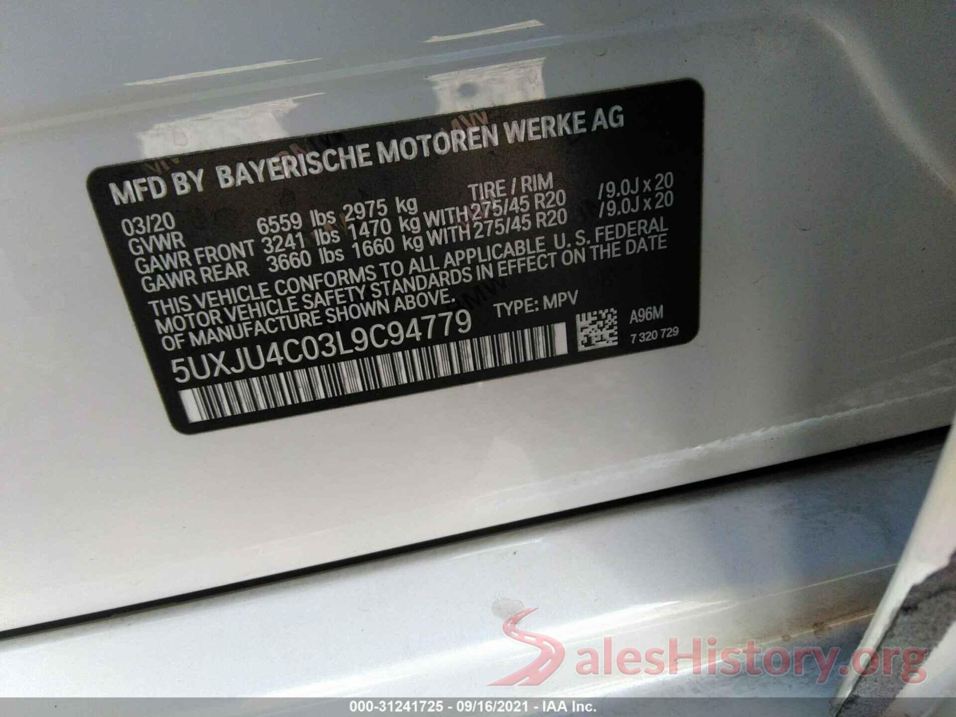 5UXJU4C03L9C94779 2020 BMW X5