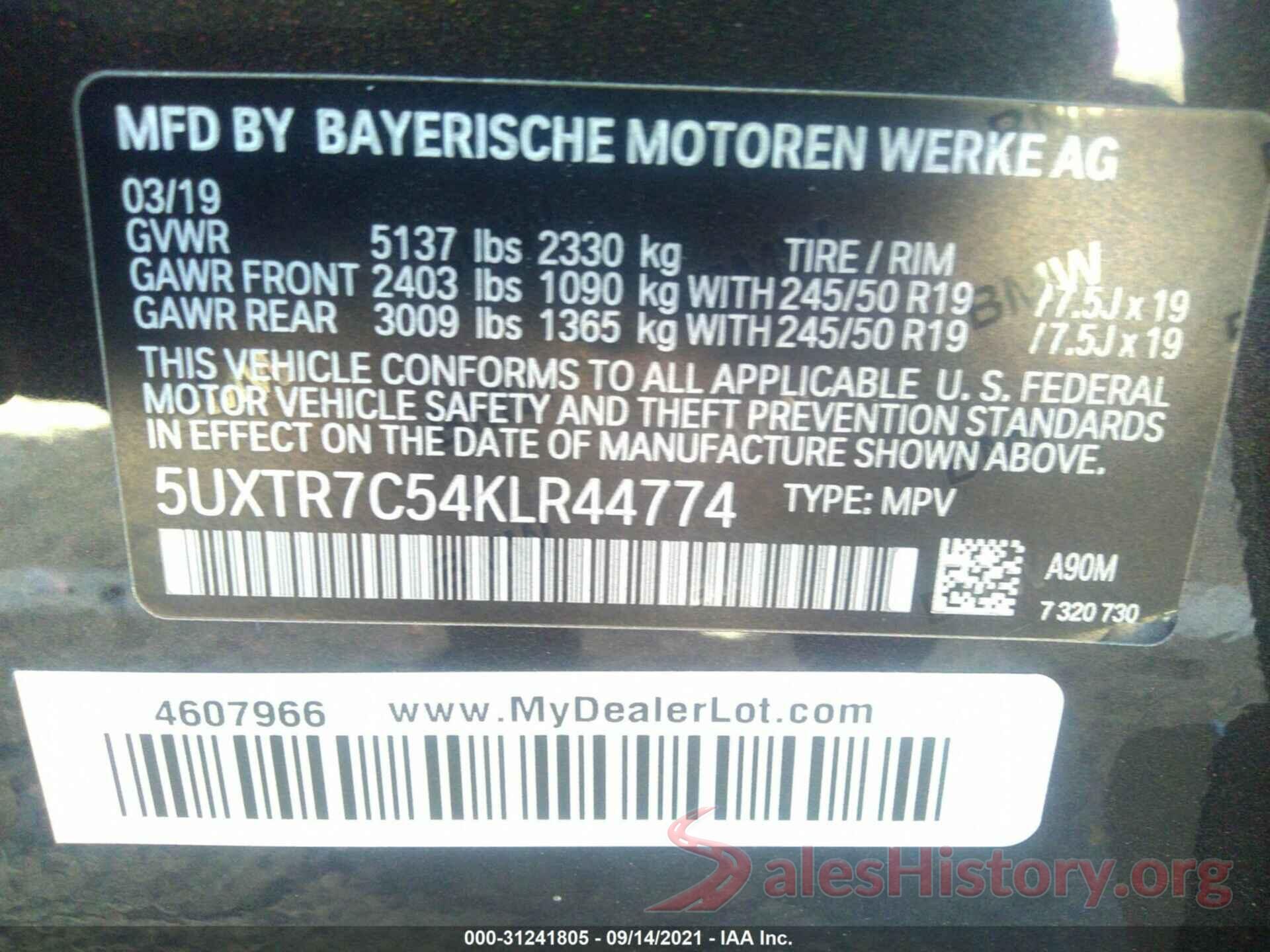 5UXTR7C54KLR44774 2019 BMW X3